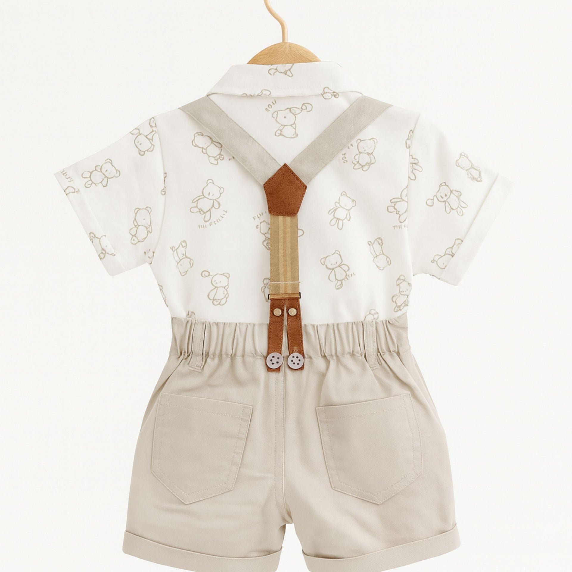 TOFFY HOUSE Boys' Formal Suspender Outfit Set – White Teddy Print T-Shirt with Bow & Beige Shorts | New Born to 9 Months