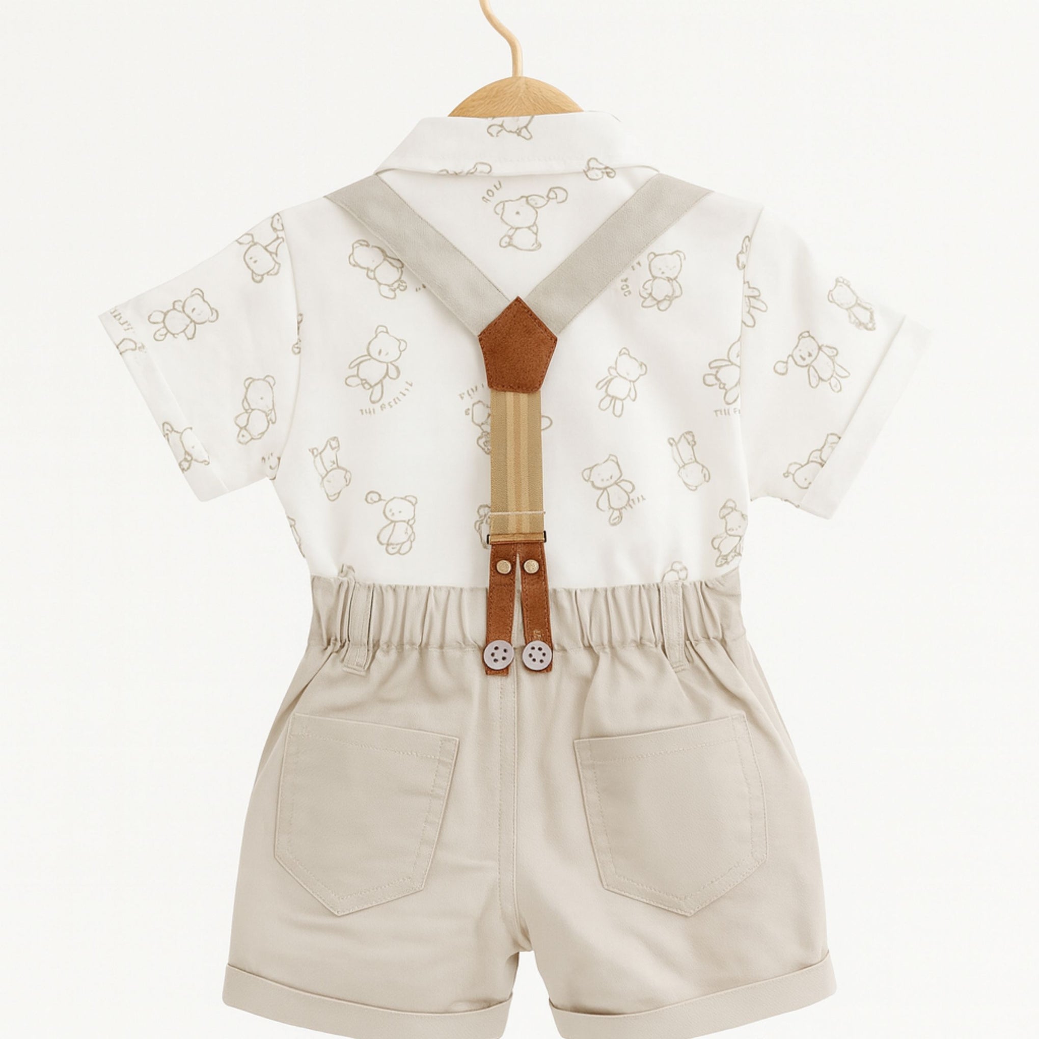 TOFFY HOUSE Boys' Formal Suspender Outfit Set – White Teddy Print T-Shirt with Bow & Beige Shorts | New Born to 9 Months