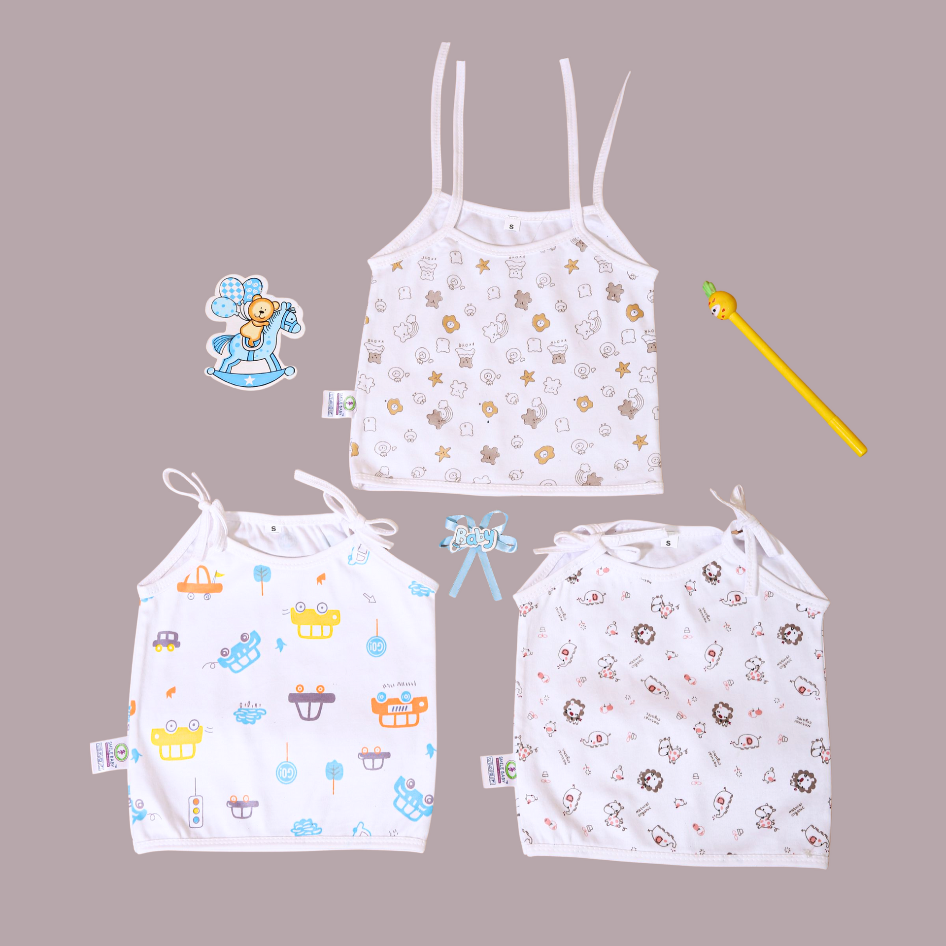 Smile Baby Cotton Jabla & Langot Combo for Newborn – Knot & Tie-Up Style | Pack of 3 Each | White Printed | 100% Pure Cotton | Unisex Baby Wear & Nappies