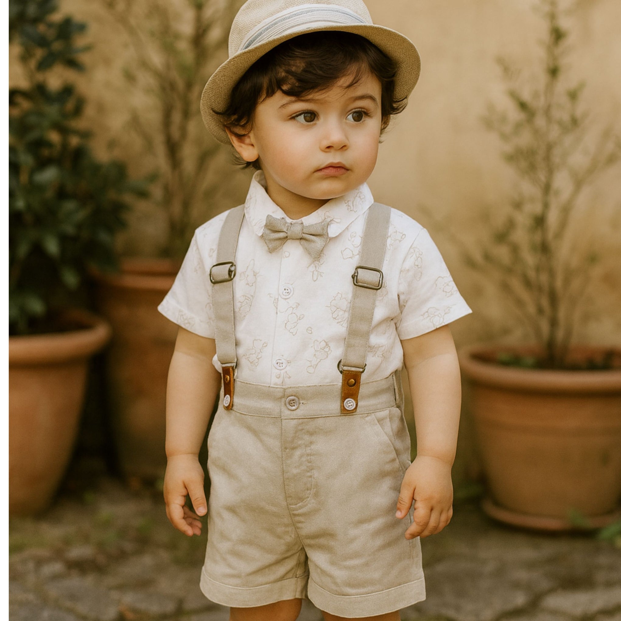 TOFFY HOUSE Boys' Formal Suspender Outfit Set – White Teddy Print T-Shirt with Bow & Beige Shorts | New Born to 9 Months