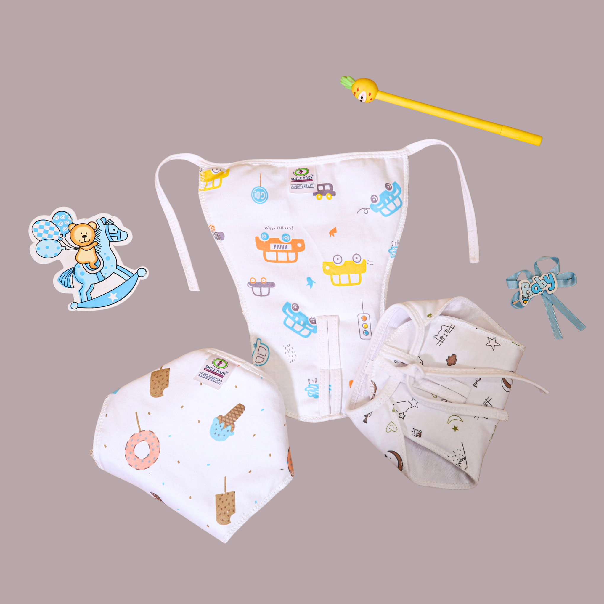 Smile Baby Cotton Jabla & Langot Combo for Newborn – Knot & Tie-Up Style | Pack of 3 Each | White Printed | 100% Pure Cotton | Unisex Baby Wear & Nappies