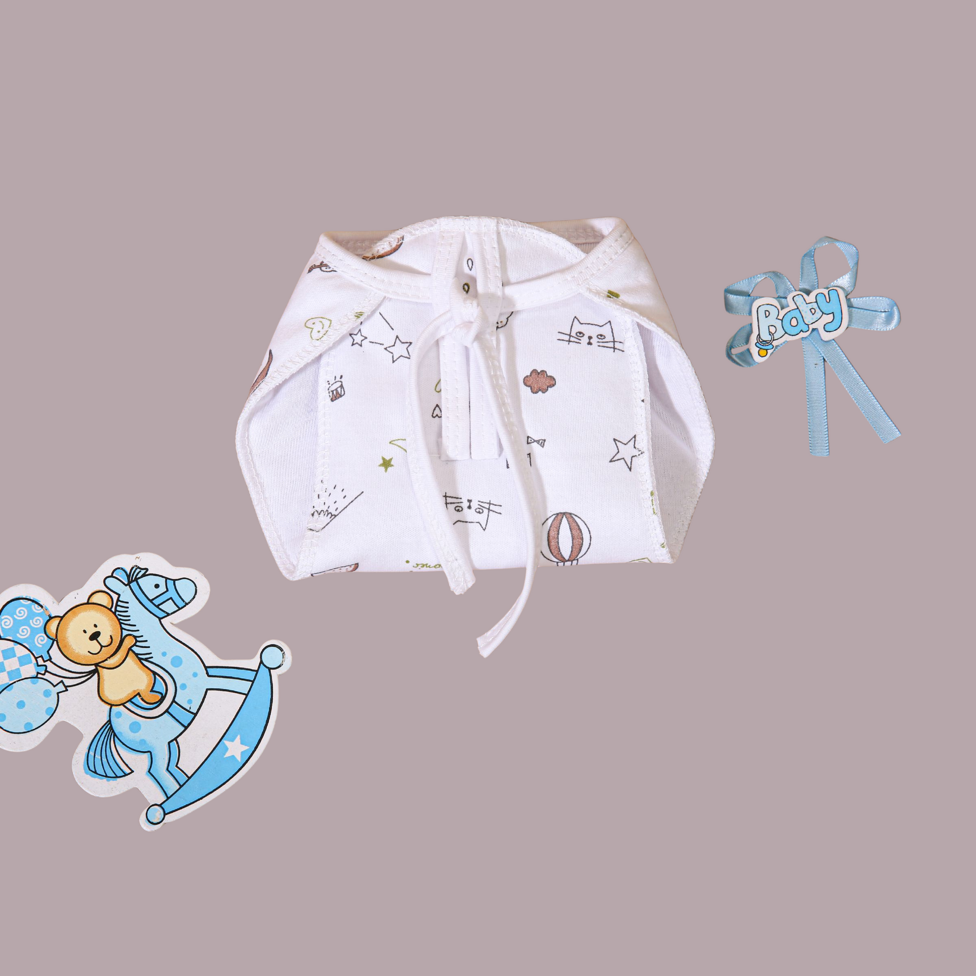Smile Baby Cotton Jabla & Langot Combo for Newborn – Knot & Tie-Up Style | Pack of 3 Each | White Printed | 100% Pure Cotton | Unisex Baby Wear & Nappies
