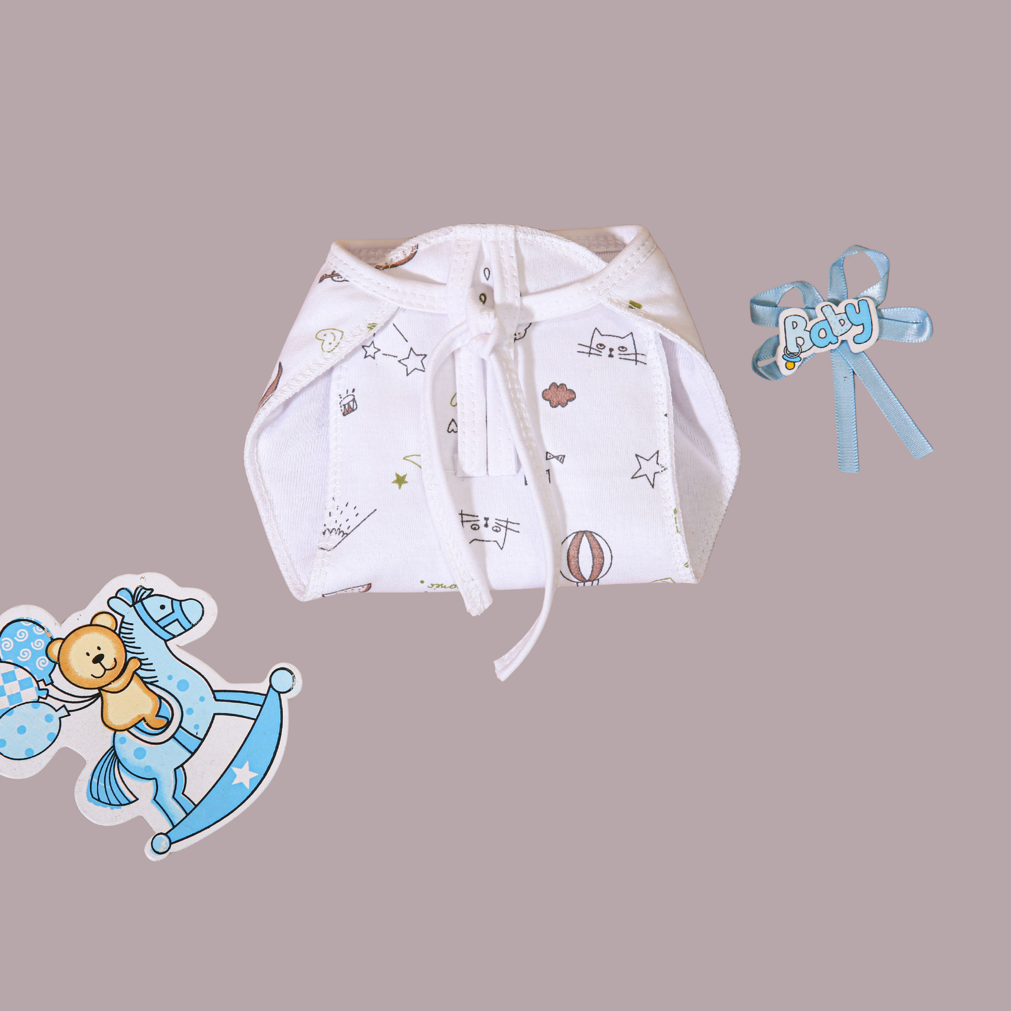 Smile Baby Cotton Jabla & Langot Combo for Newborn – Knot & Tie-Up Style | Pack of 3 Each | White Printed | 100% Pure Cotton | Unisex Baby Wear & Nappies