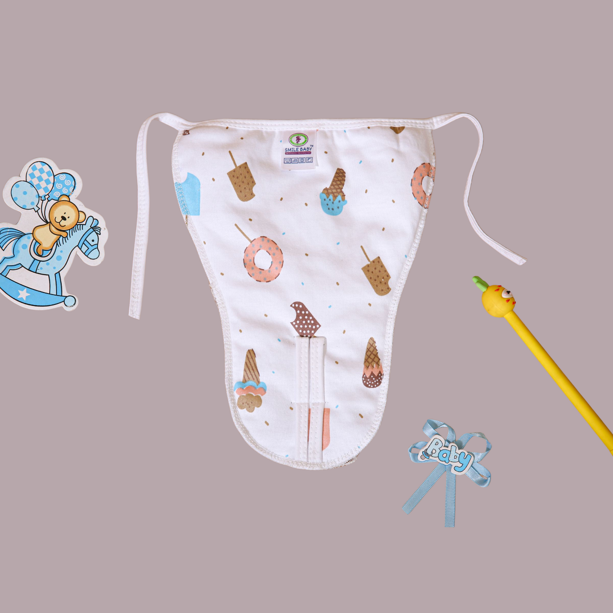 Smile Baby Cotton Jabla & Langot Combo for Newborn – Knot & Tie-Up Style | Pack of 3 Each | White Printed | 100% Pure Cotton | Unisex Baby Wear & Nappies