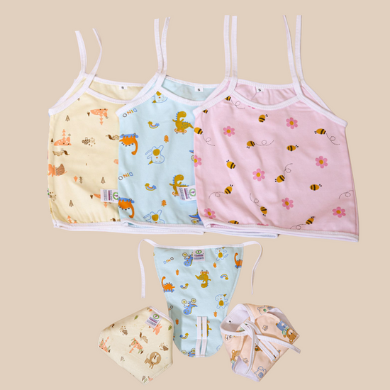 Smile Baby Cotton Jabla & Langot Combo for Newborn – Knot & Tie-Up Style | Pack of 3 Each | Light Color Printed | 100% Cotton | Unisex Baby Wear & Nappies