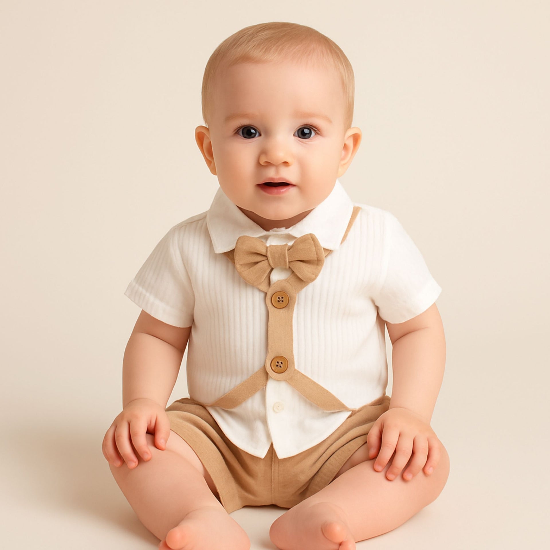 TOFFY HOUSE Boys’ Formal Bow Tie Shirt & Shorts Set – Beige Suspender Design | 0–9 Months