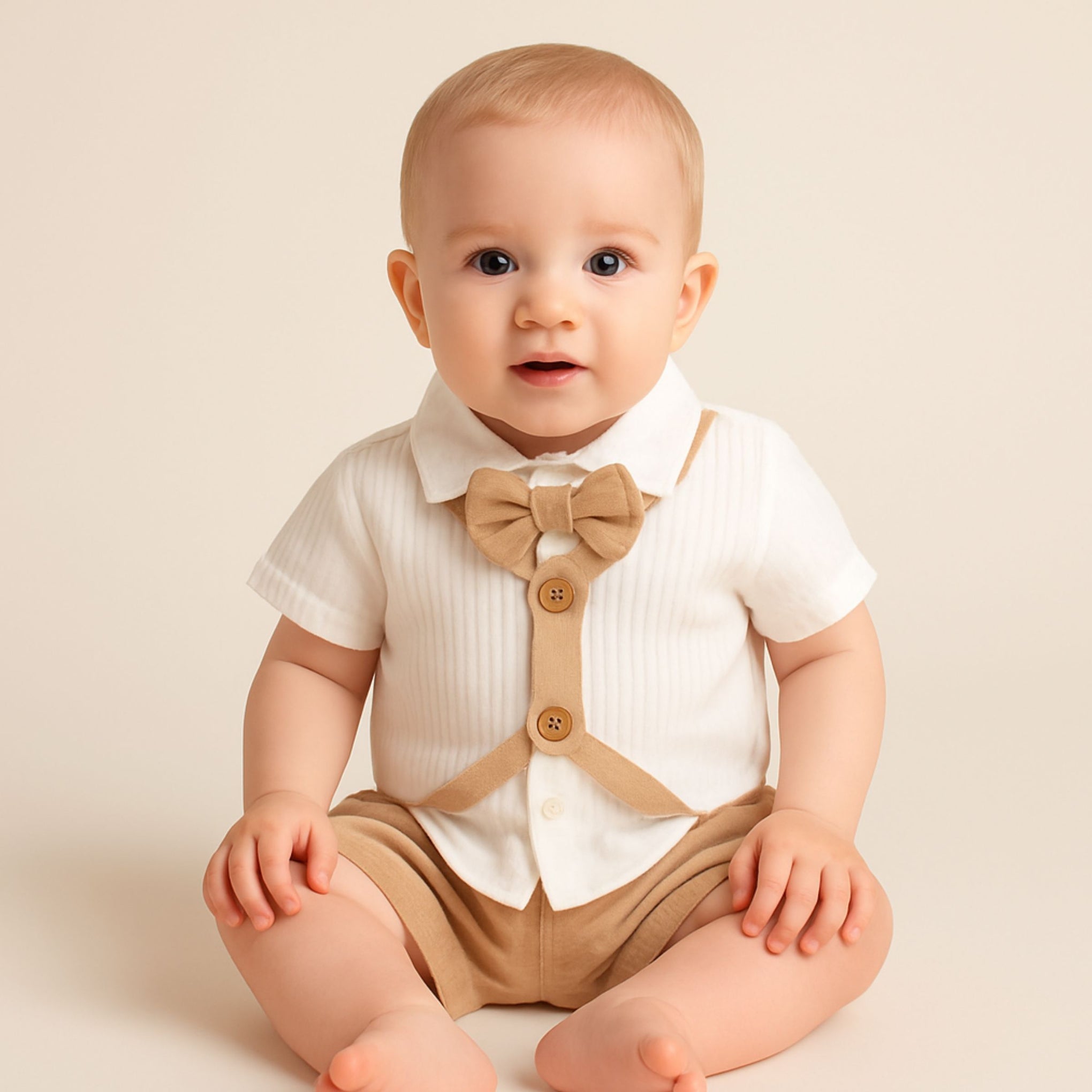TOFFY HOUSE Boys’ Formal Bow Tie Shirt & Shorts Set – Beige Suspender Design | 0–9 Months