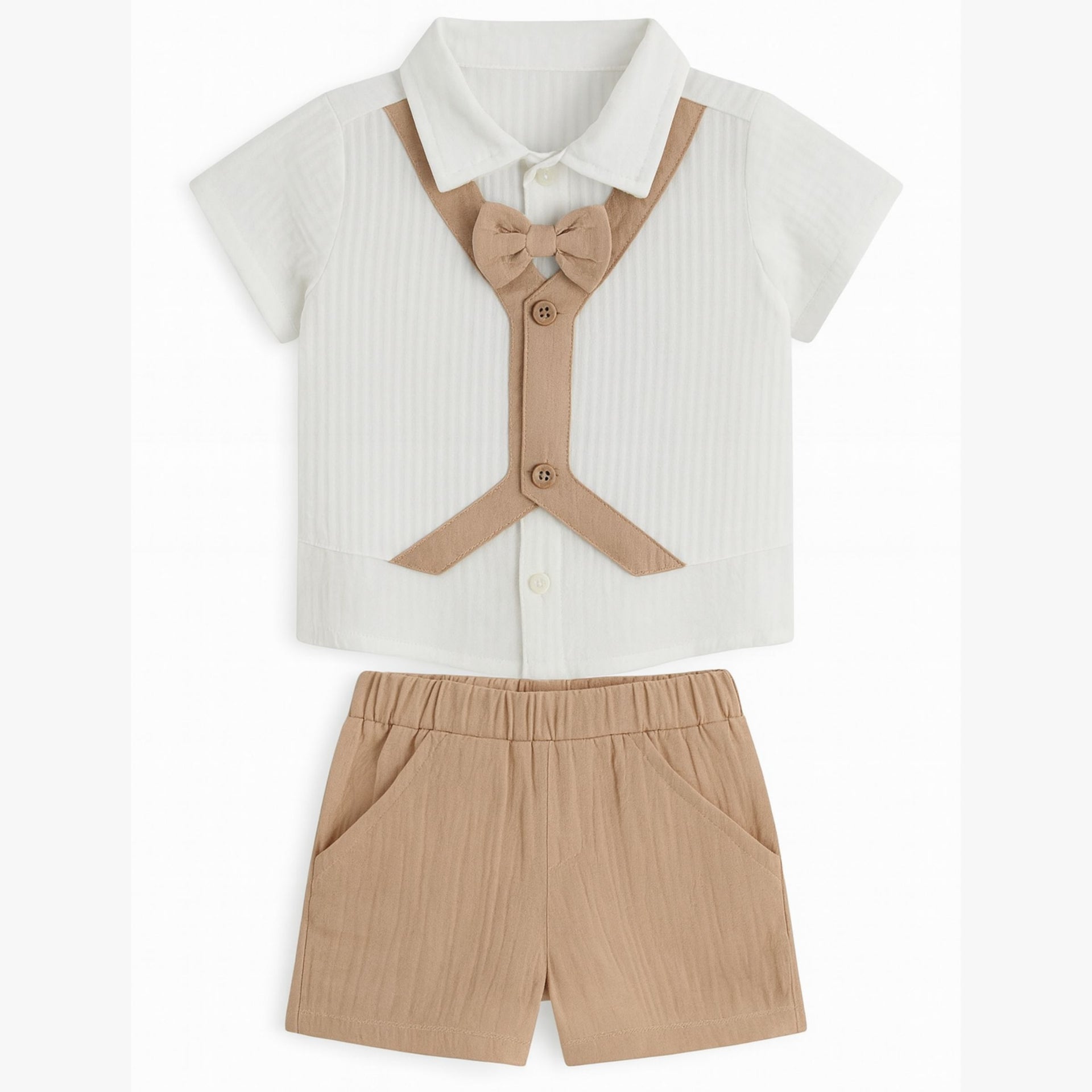 TOFFY HOUSE Boys’ Formal Bow Tie Shirt & Shorts Set – Beige Suspender Design | 0–9 Months