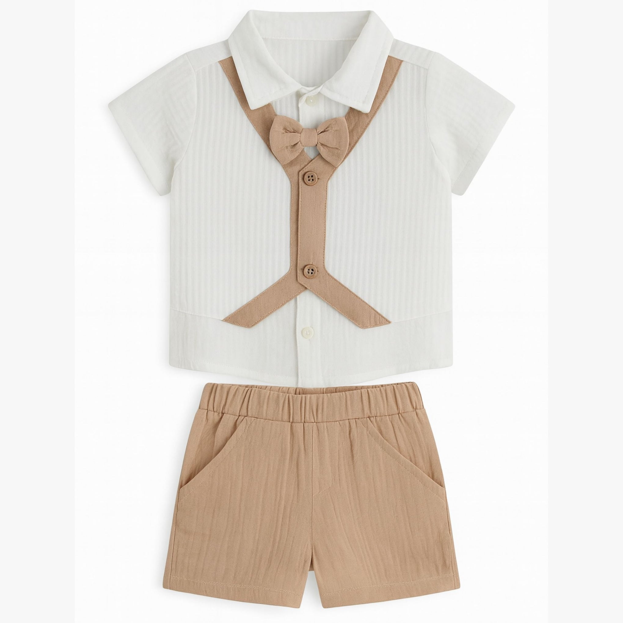 TOFFY HOUSE Boys’ Formal Bow Tie Shirt & Shorts Set – Beige Suspender Design | 0–9 Months