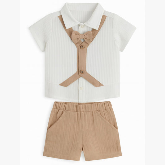 TOFFY HOUSE Boys’ Formal Bow Tie Shirt & Shorts Set – Beige Suspender Design | 0–9 Months