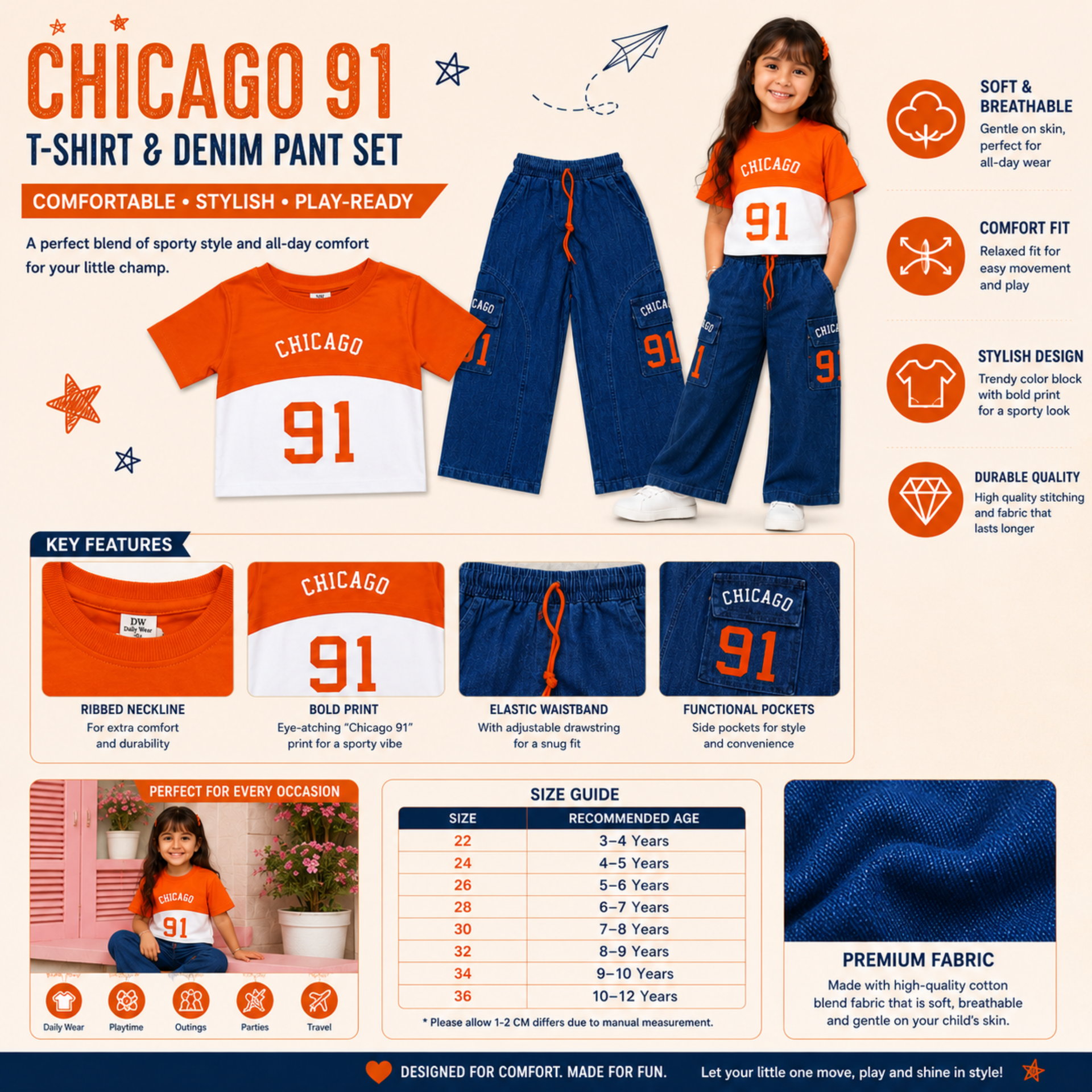 Smile Baby Girls Chicago 91 Co-Ord Set | Orange & White Cotton T-Shirt with Denim Cargo Pants | Stylish Kids Outfit | Sizes 22–36 (Age 3–12 Years)