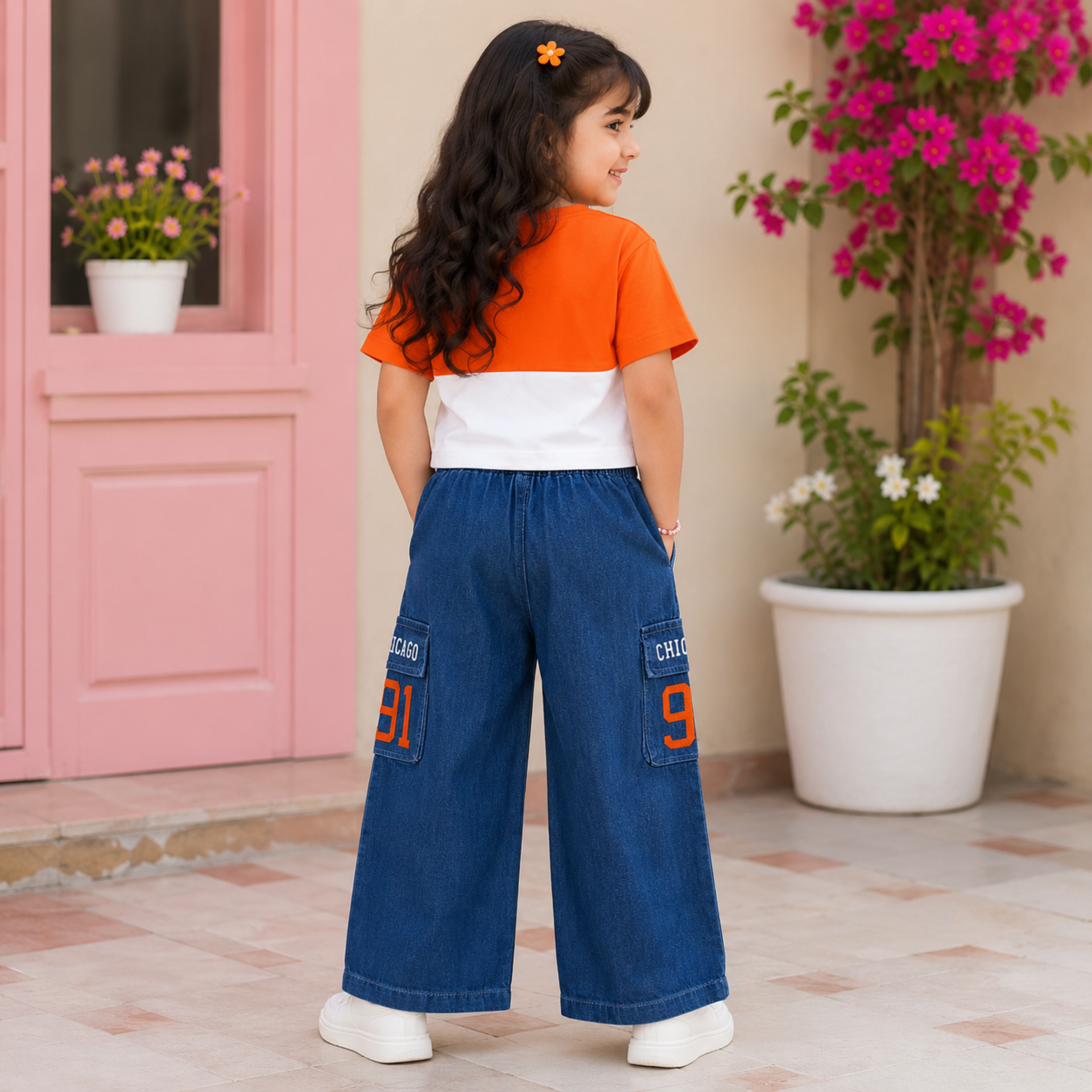 Smile Baby Girls Chicago 91 Co-Ord Set | Orange & White Cotton T-Shirt with Denim Cargo Pants | Stylish Kids Outfit | Sizes 22–36 (Age 3–12 Years)