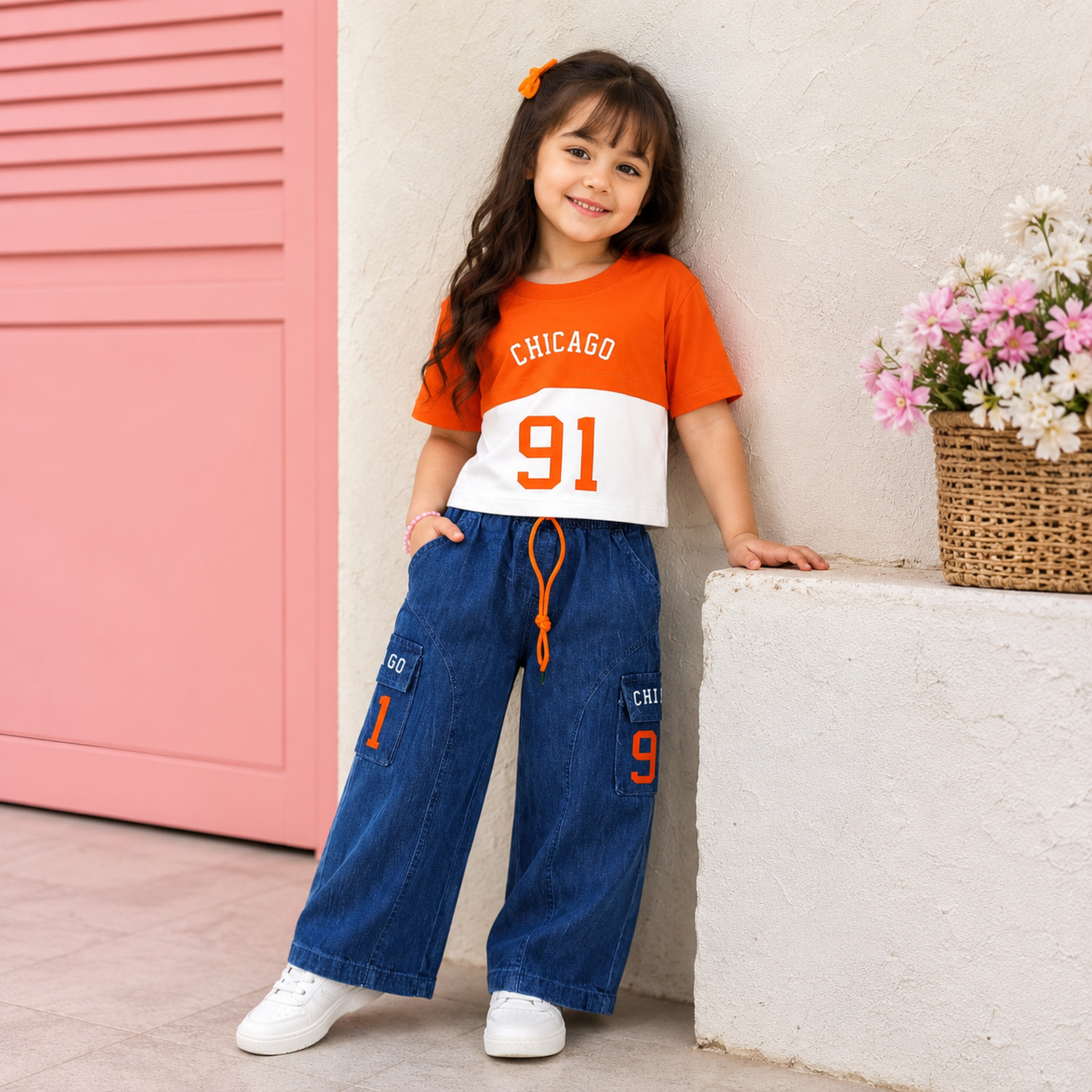 Smile Baby Girls Chicago 91 Co-Ord Set | Orange & White Cotton T-Shirt with Denim Cargo Pants | Stylish Kids Outfit | Sizes 22–36 (Age 3–12 Years)