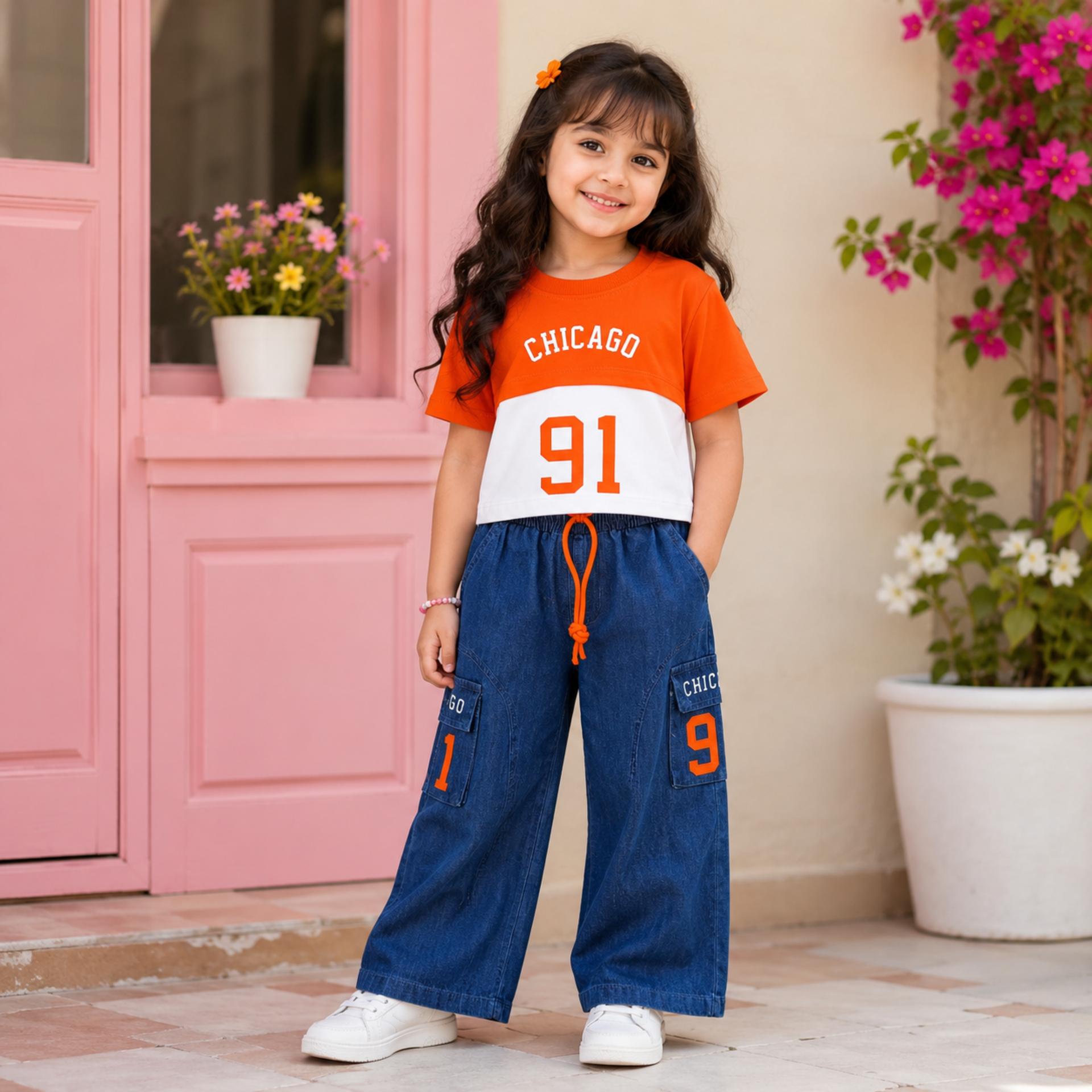 Smile Baby Girls Chicago 91 Co-Ord Set | Orange & White Cotton T-Shirt with Denim Cargo Pants | Stylish Kids Outfit | Sizes 22–36 (Age 3–12 Years)