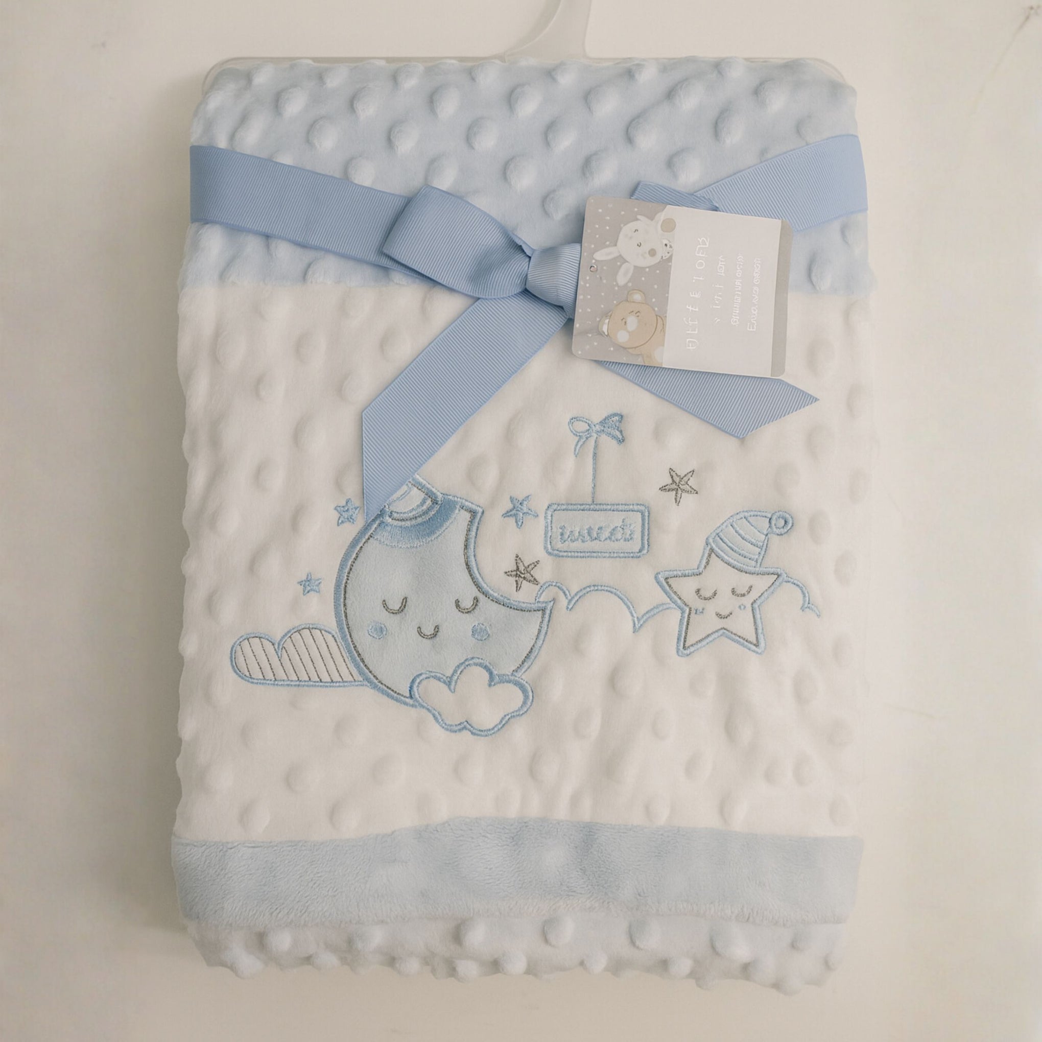 SUNNOZY Ultra-Soft Baby Blanket | Premium Minky Dot Fabric | Blue Moon & Star Embroidered Blanket for Newborns & Toddlers | Cozy, Gentle, Machine Washable – 75x100 cm