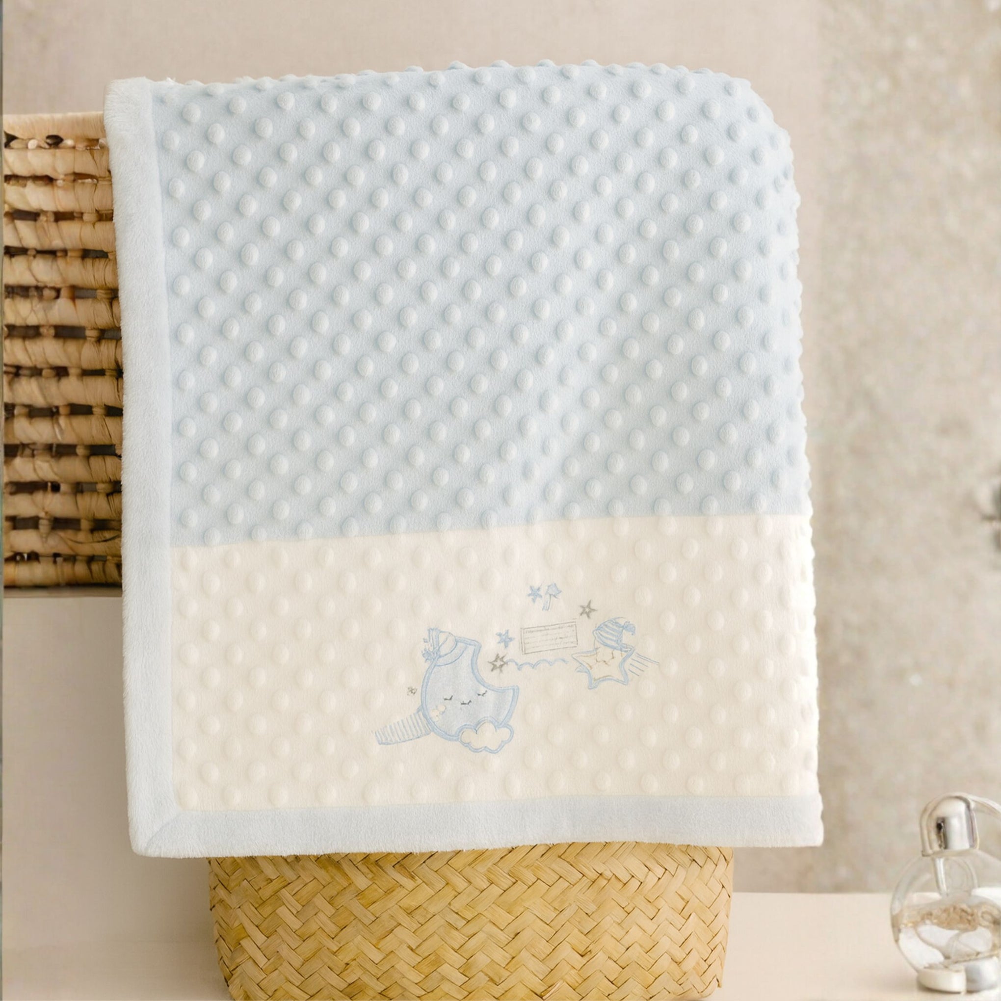 SUNNOZY Ultra-Soft Baby Blanket | Premium Minky Dot Fabric | Blue Moon & Star Embroidered Blanket for Newborns & Toddlers | Cozy, Gentle, Machine Washable – 75x100 cm