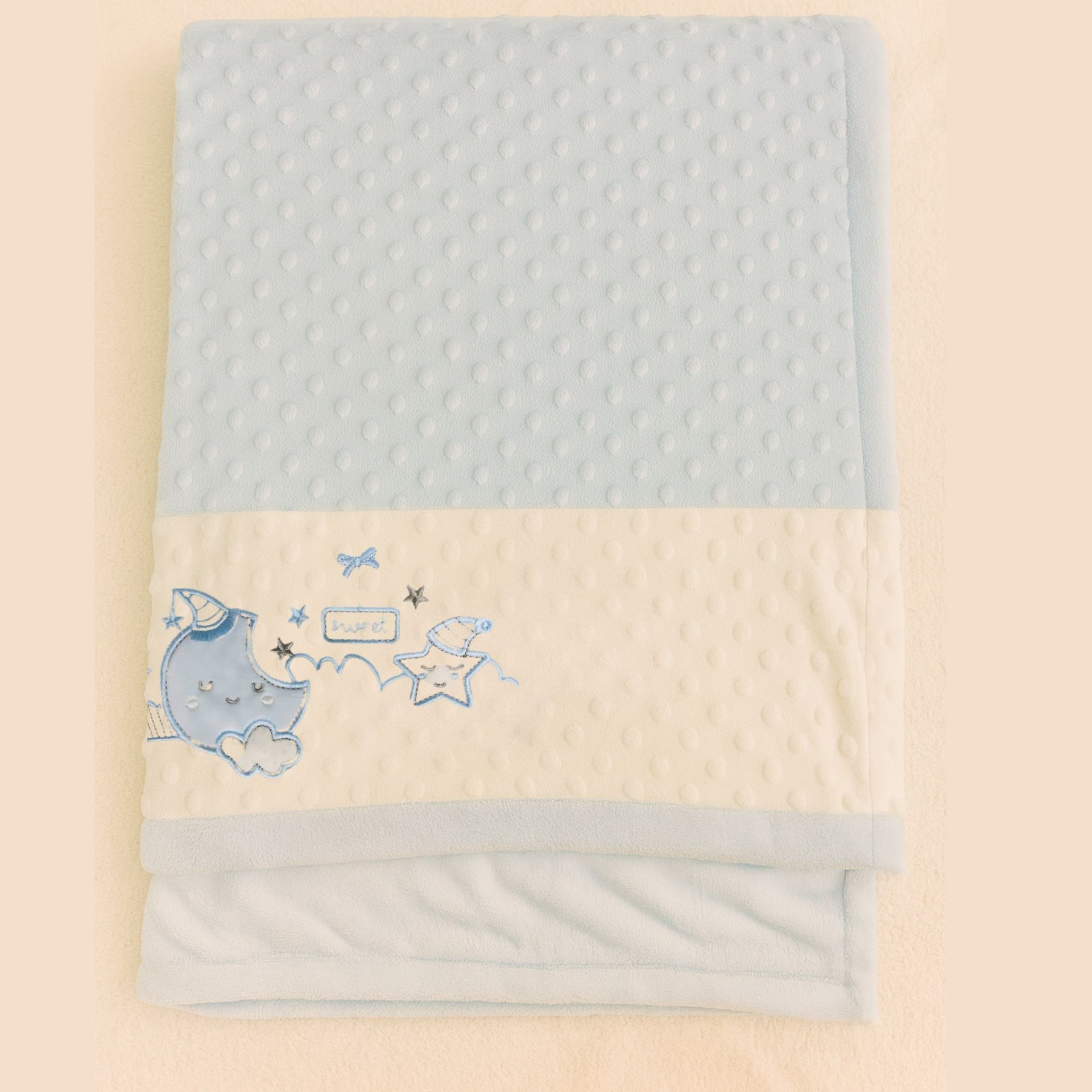 SUNNOZY Ultra-Soft Baby Blanket | Premium Minky Dot Fabric | Blue Moon & Star Embroidered Blanket for Newborns & Toddlers | Cozy, Gentle, Machine Washable – 75x100 cm