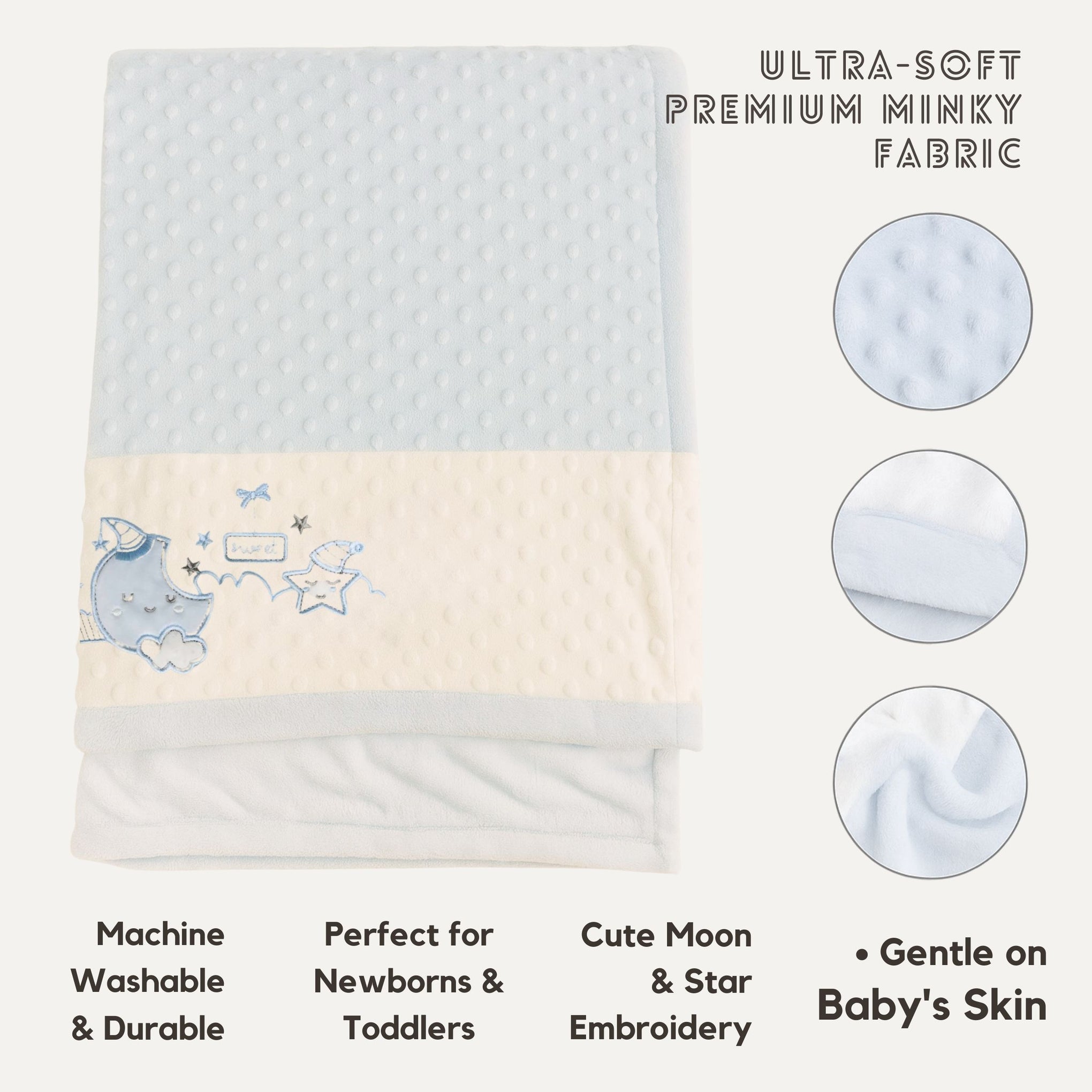 SUNNOZY Ultra-Soft Baby Blanket | Premium Minky Dot Fabric | Blue Moon & Star Embroidered Blanket for Newborns & Toddlers | Cozy, Gentle, Machine Washable – 75x100 cm