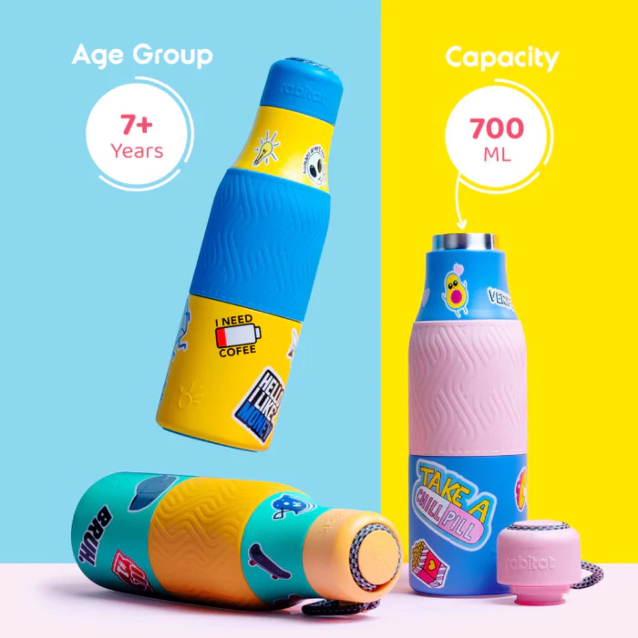 Rabitat Zappy Insulated Stainless Steel Bottle | steel bottle for kids suitable for 8y+ | Blue and Pink color 700 ml