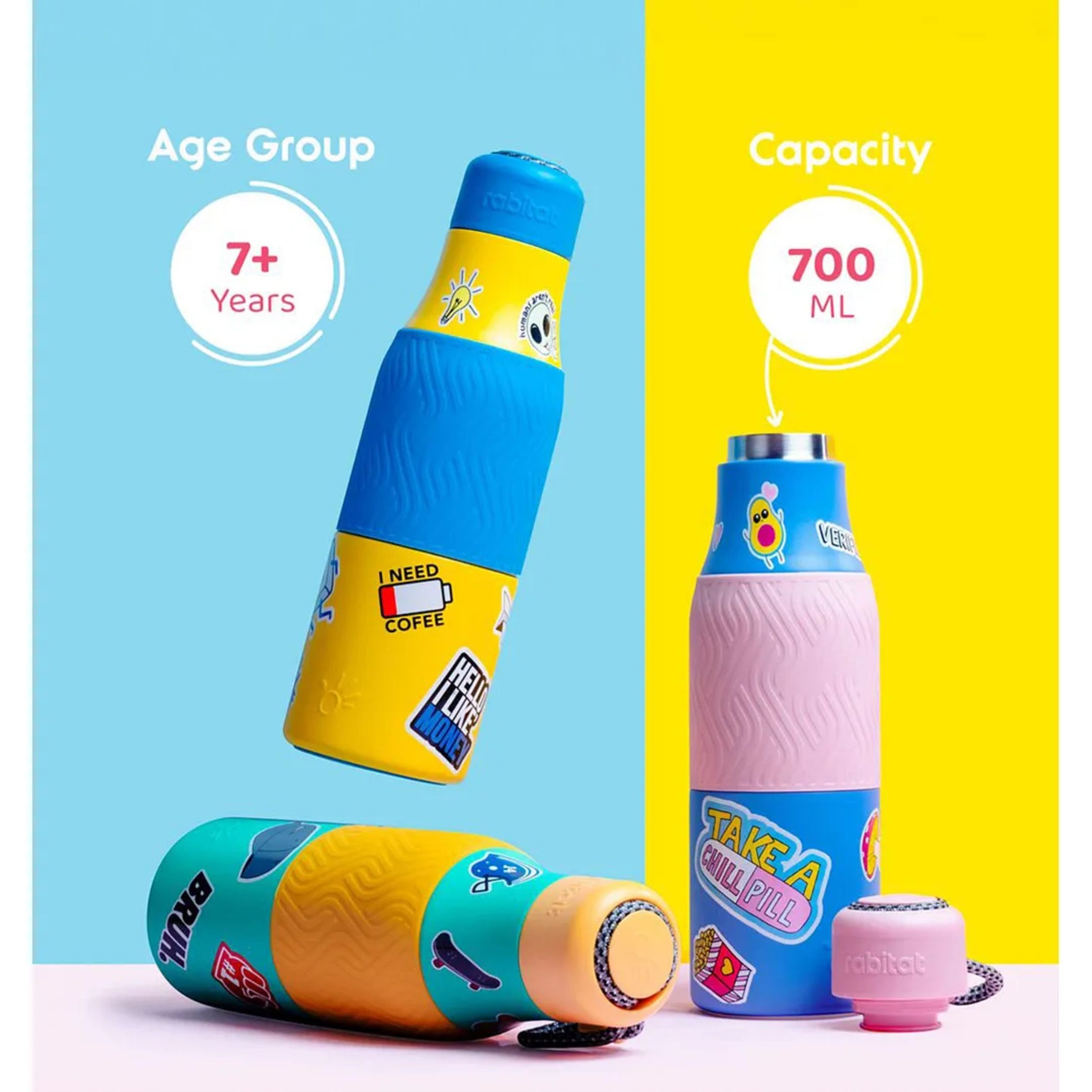 Rabitat Zappy Insulated Stainless Steel Bottle | steel bottle for kids suitable for 8y+ | Yellow 700 ml