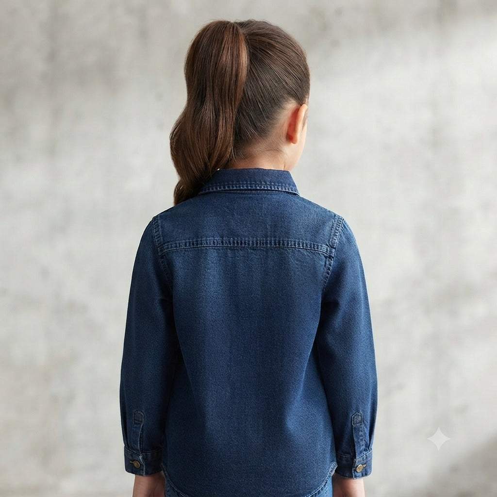 Stilo Moda girls dark denim shirt back view with classic yoke and stitching