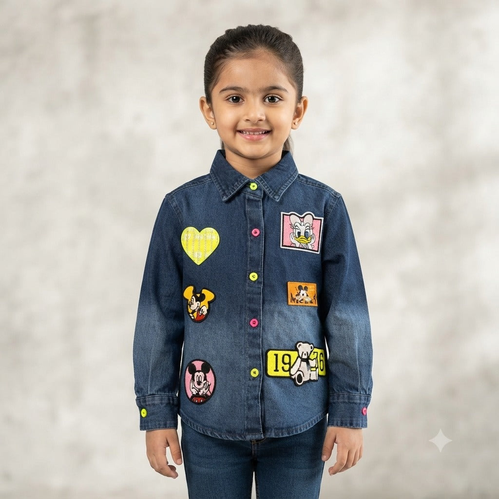 Stilo Moda girls dark denim shirt with colorful patch details front view