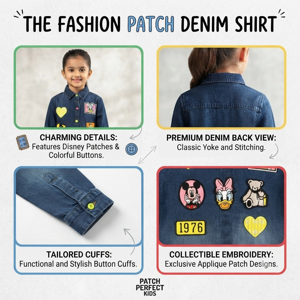 Stilo Moda girls denim shirt product infographic showing colorful patches and button cuff details