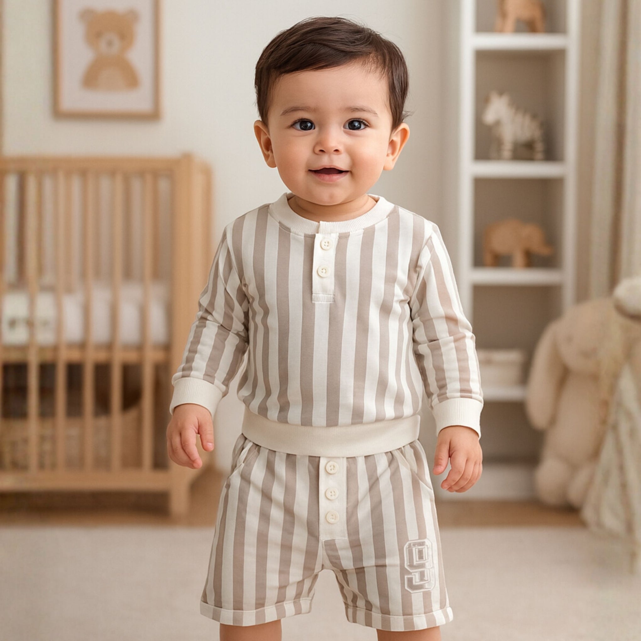Ollypop Boys Cotton Striped Set – Beige & Blue | 0–24 Months