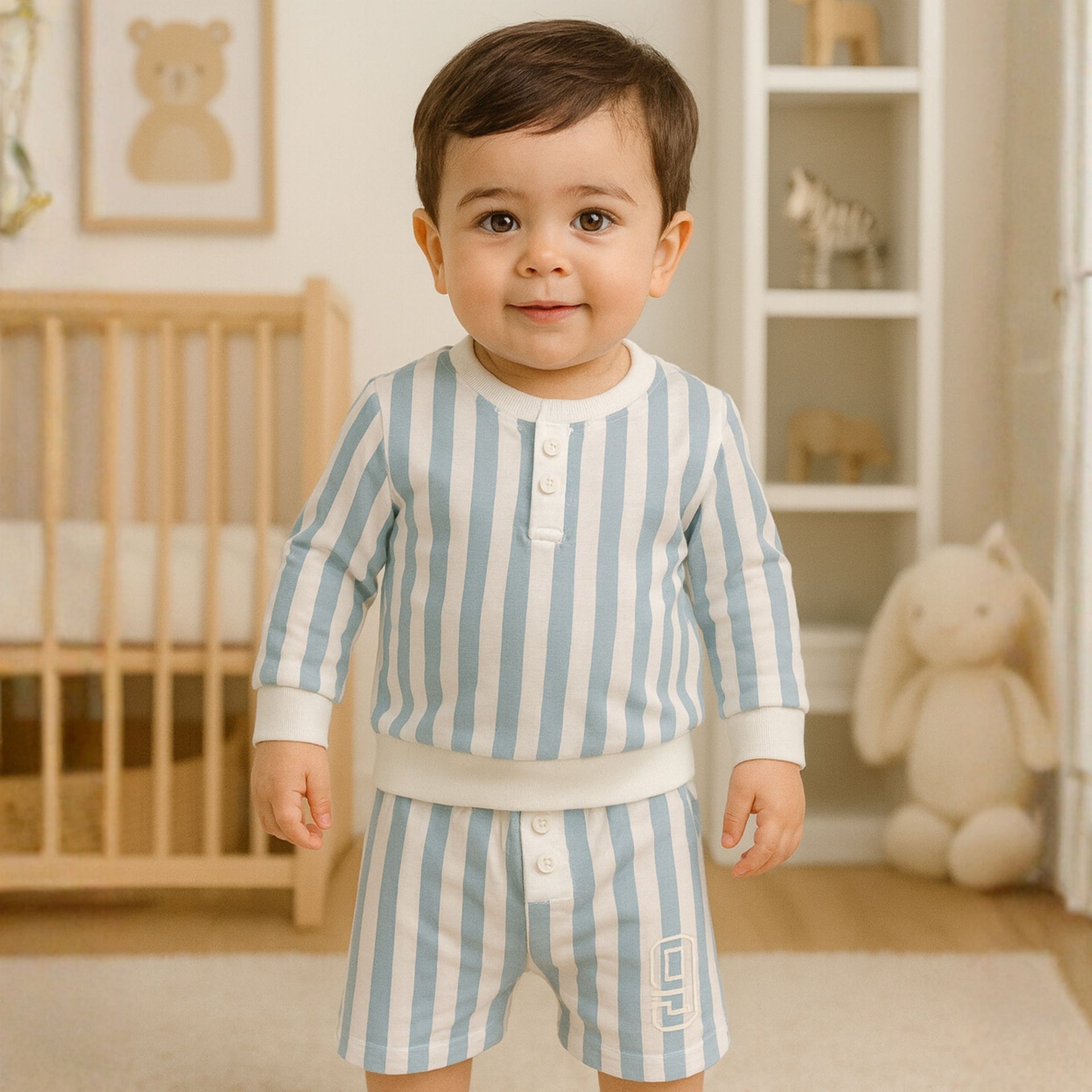 Ollypop Boys Cotton Striped Set – Beige & Blue | 0–24 Months