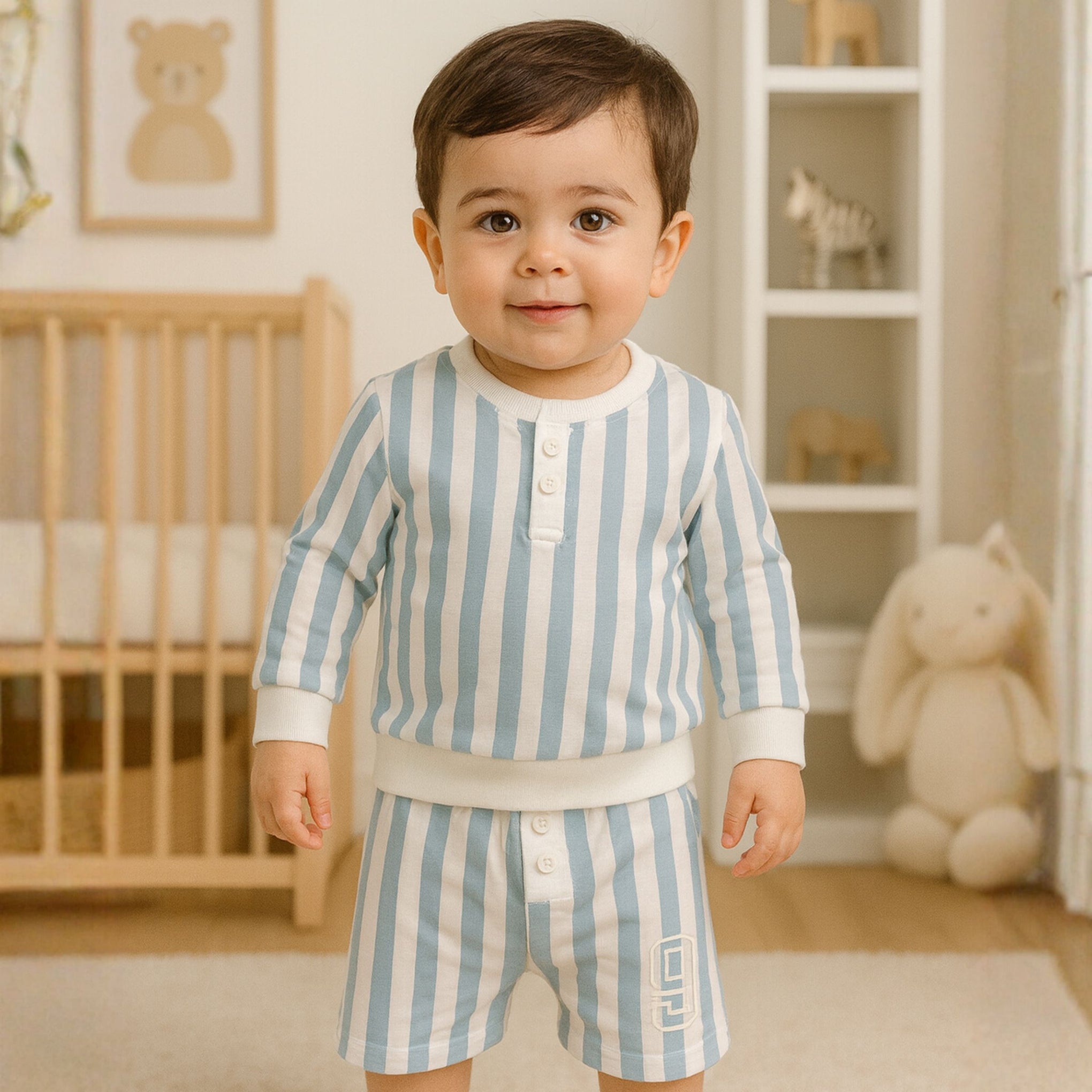 Ollypop Boys Cotton Striped Set – Beige & Blue | 0–24 Months