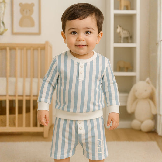 Ollypop Boys Cotton Striped Set – Beige & Blue | 0–24 Months