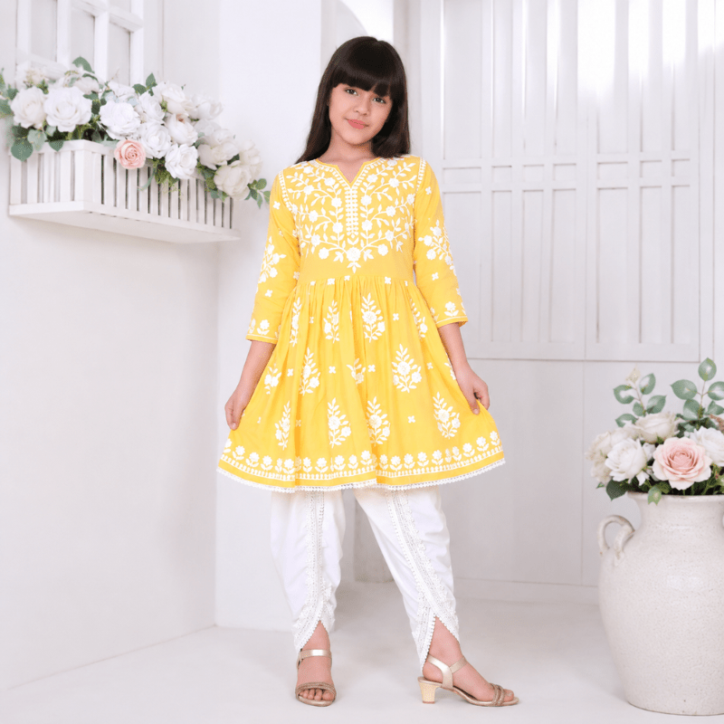 Teeny Toes Girls Yellow Embroidered Kurti Set with White Pant | Ethnic Festive Wear - SMILE BABY