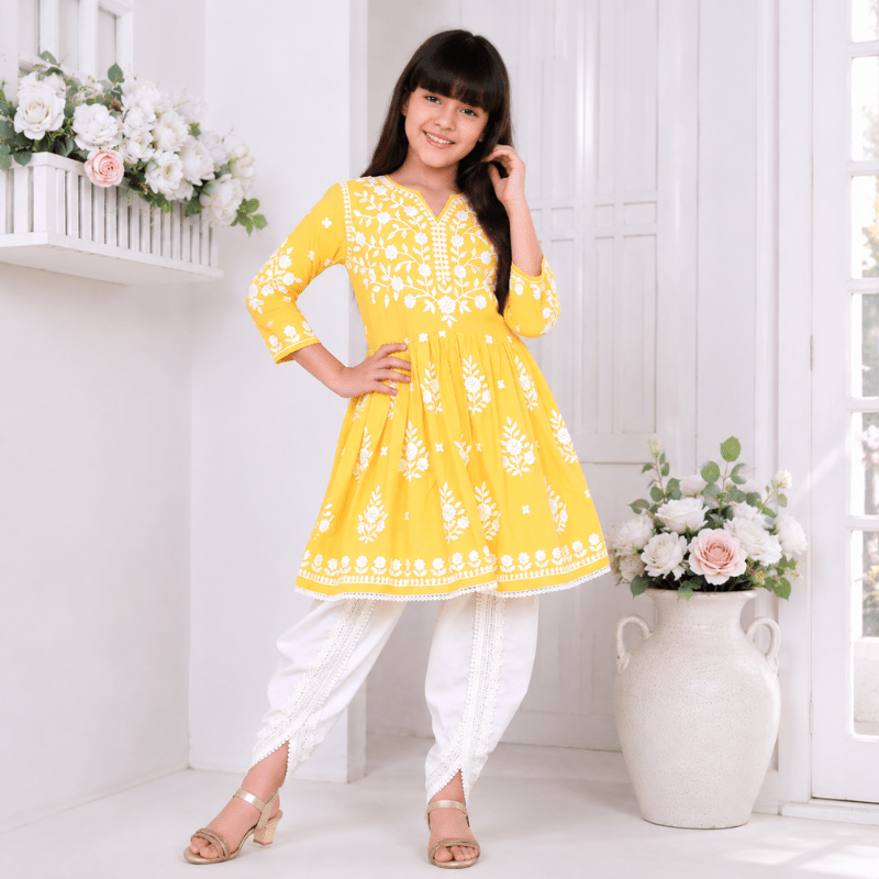 Teeny Toes Girls Yellow Embroidered Kurti Set with White Pant | Ethnic Festive Wear - SMILE BABY