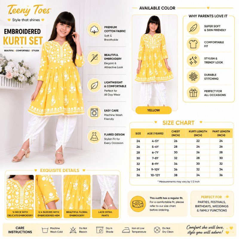 Teeny Toes Girls Yellow Embroidered Kurti Set with White Pant | Ethnic Festive Wear - SMILE BABY