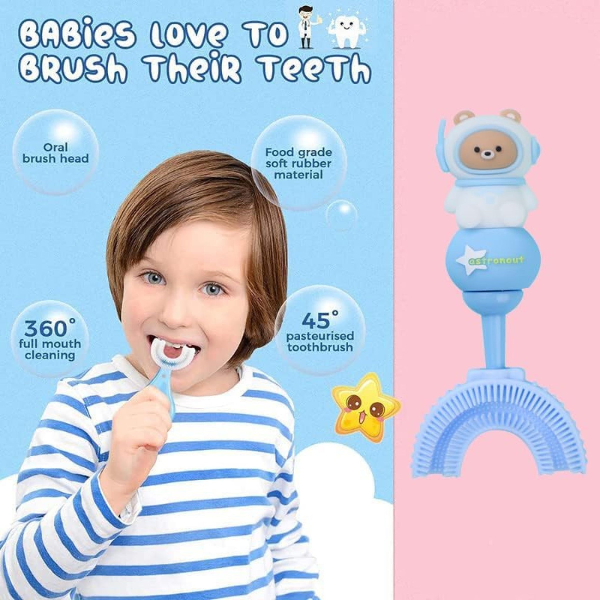 Smile Baby U-Shaped Toothbrush Kids 1 Pcs - Toddler Toothbrush With Food Grade Soft Silicone Brush Head, Manual Whole Mouth For Kids Age 2-6, 360° Oral Teeth Cleaning Design (Xastronout,Pink)