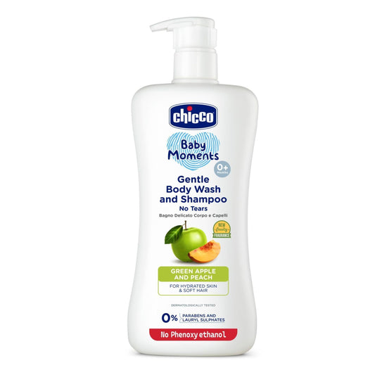 Chicco Baby Moments Gentle Bodywash & Shampoo  with Green Apple & Peach, 500ml | Head-to-Toe | No Tears Formula | Hydrated Skin & Hair | Dermatologically Tested | Parabens & Phenoxyethanol Free