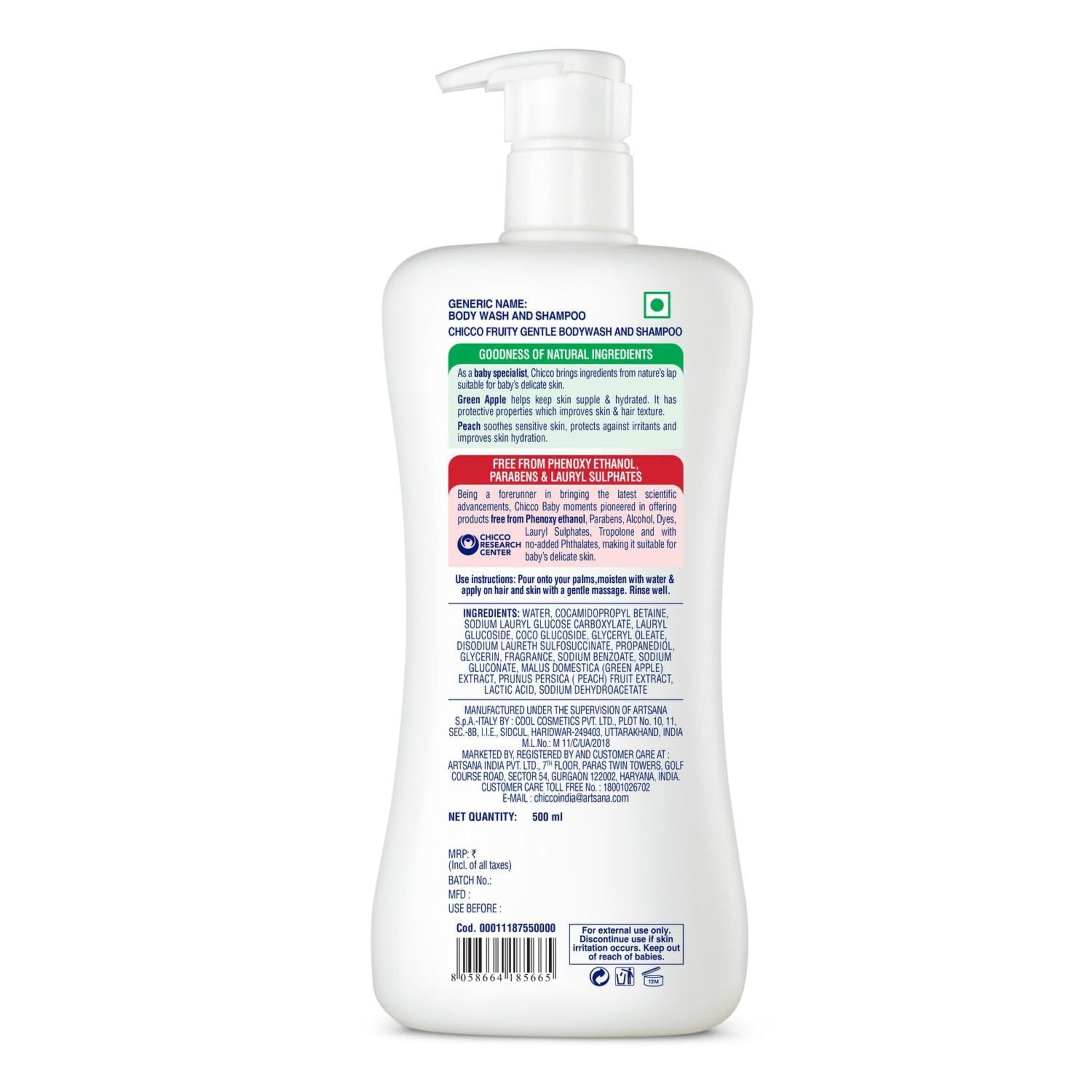 Chicco Baby Moments Gentle Bodywash & Shampoo  with Green Apple & Peach, 500ml | Head-to-Toe | No Tears Formula | Hydrated Skin & Hair | Dermatologically Tested | Parabens & Phenoxyethanol Free