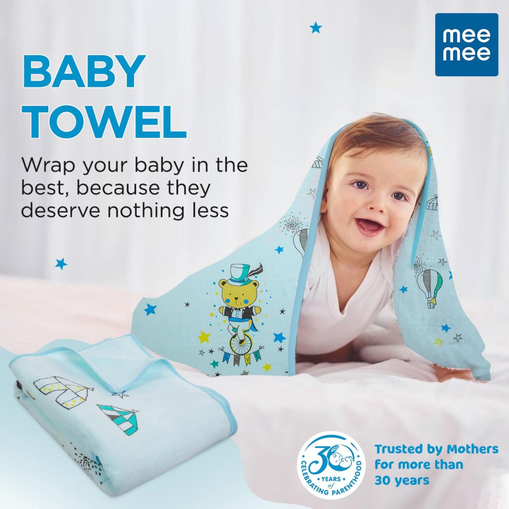 Mee Mee Micro Fiber Baby Bath Towel for New Born | Wash Cloth, Quick Absorbent, Extra Soft Cotton Towels for Kids/Toddlers/Infants/Babies, animal printed soft material Pack of 1(Blue)