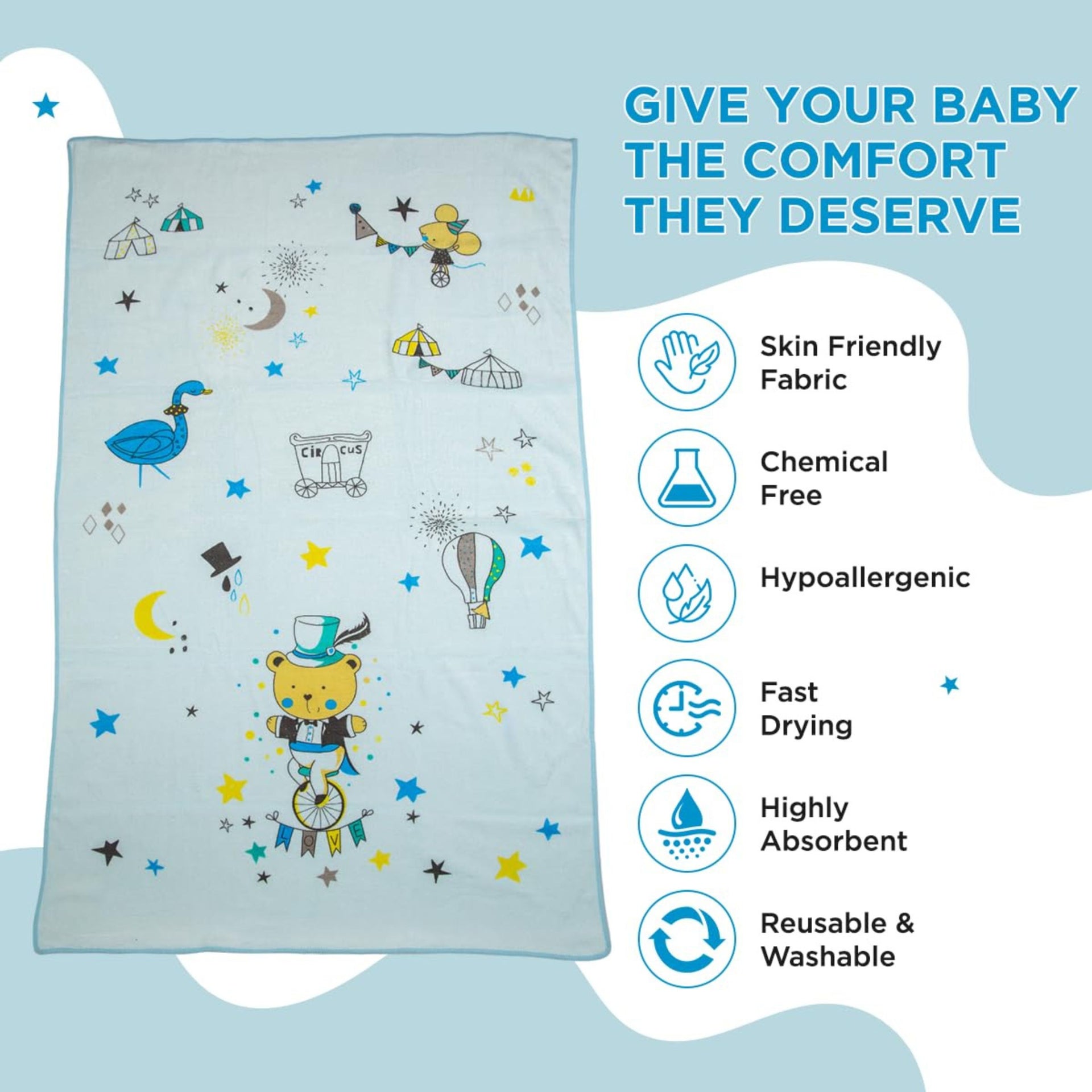 Mee Mee Micro Fiber Baby Bath Towel for New Born | Wash Cloth, Quick Absorbent, Extra Soft Cotton Towels for Kids/Toddlers/Infants/Babies, animal printed soft material Pack of 1(Blue)