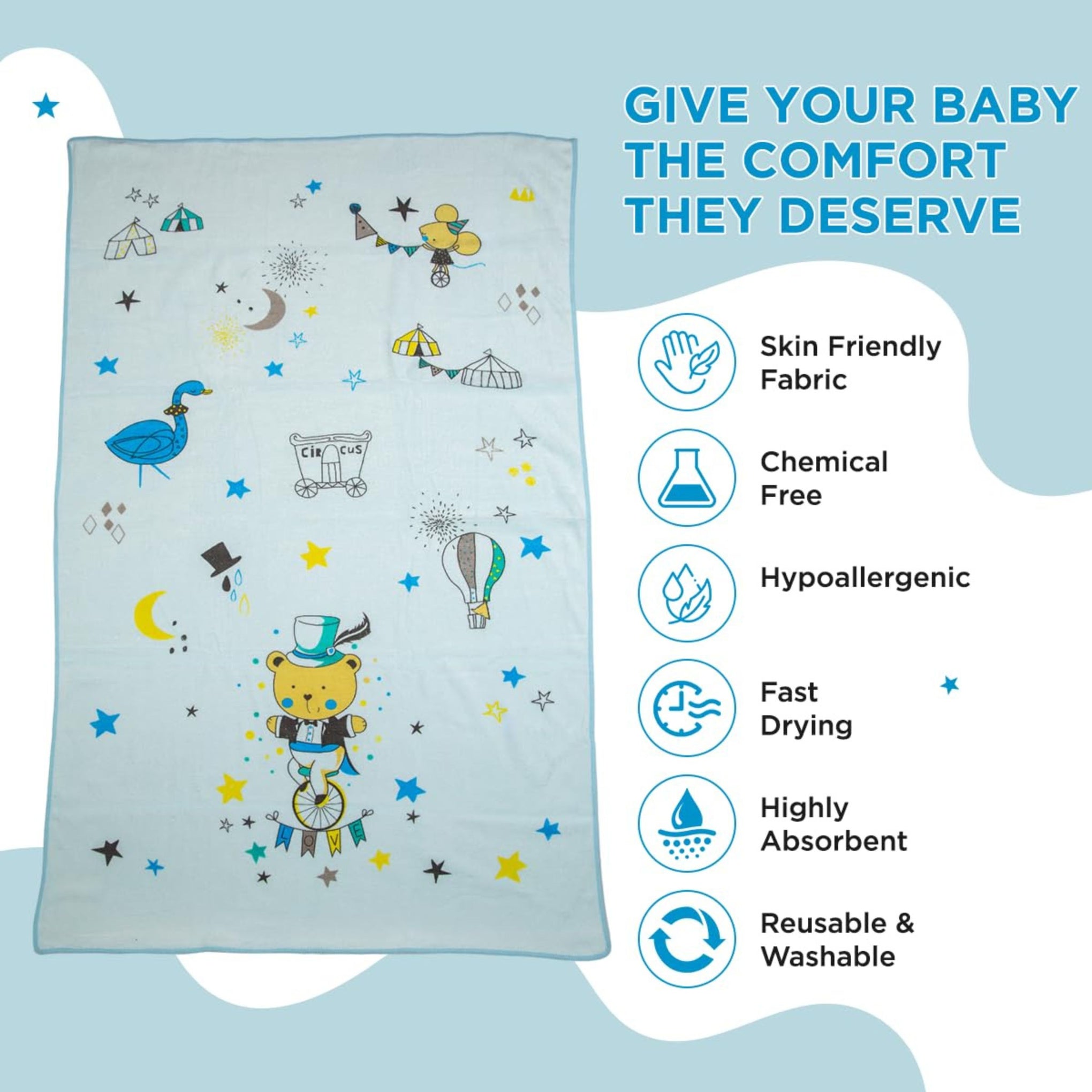 Mee Mee Micro Fiber Baby Bath Towel for New Born | Wash Cloth, Quick Absorbent, Extra Soft Cotton Towels for Kids/Toddlers/Infants/Babies, animal printed soft material Pack of 1(Blue)