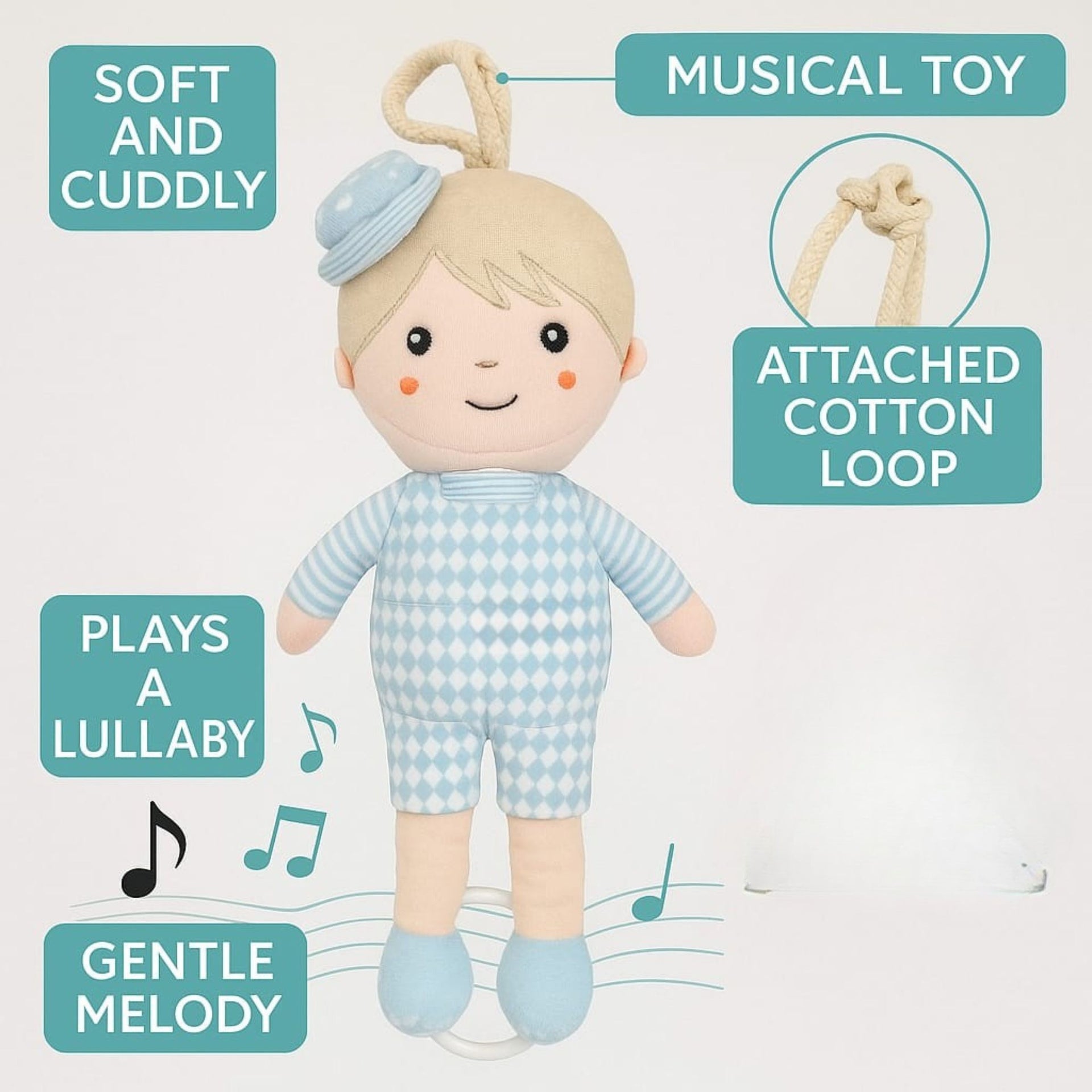Smile Baby Musical Hanging Toy for Stroller & Crib | Soft Plush Boy Doll in Blue | Engaging Rattle Sound | Perfect for Newborns & Infants