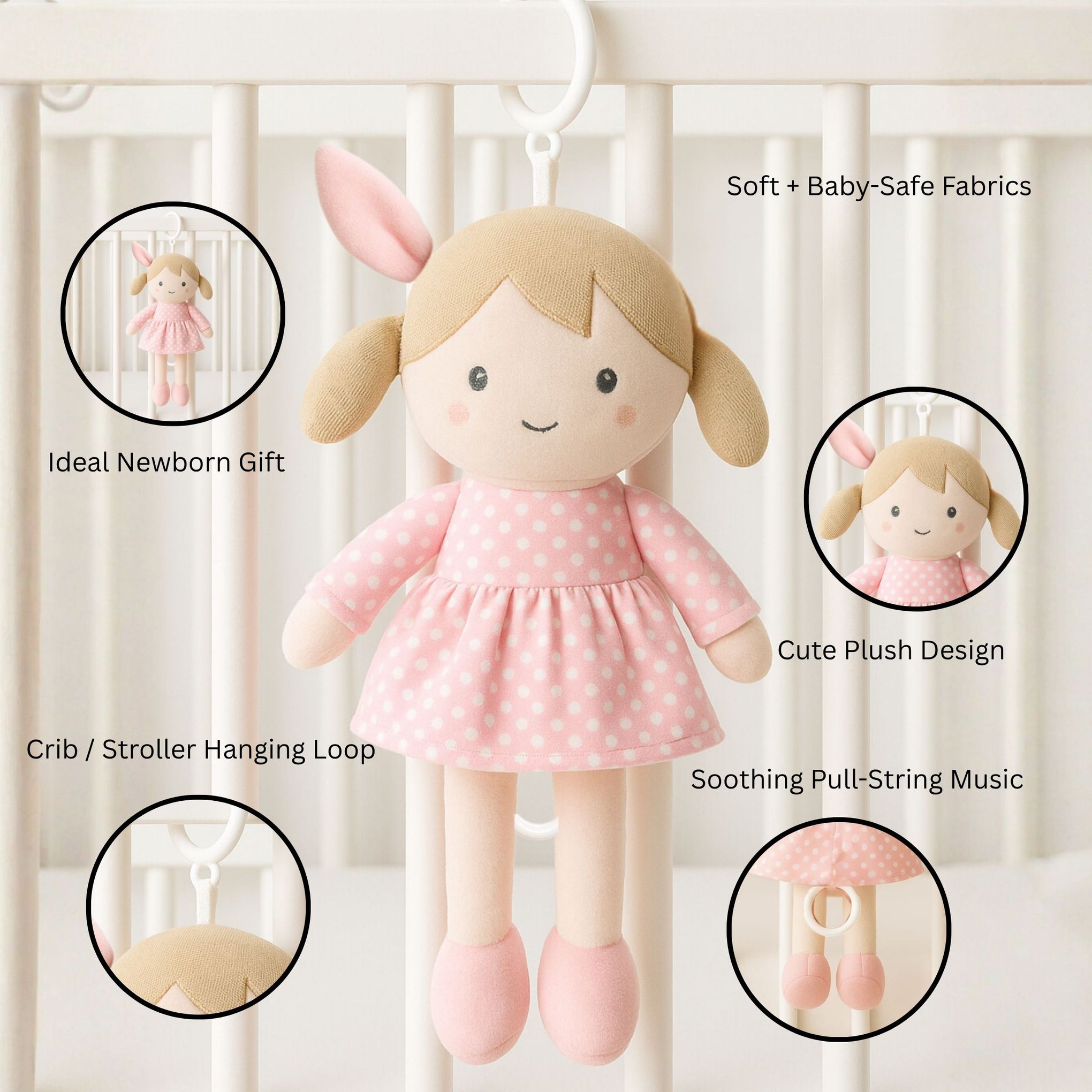 Smile Baby Musical Hanging Plush Doll for Crib & Stroller – Soft Cotton Newborn Comfort Toy with Pull-String Lullaby | Pink Polka Dress | Baby Girl Gift