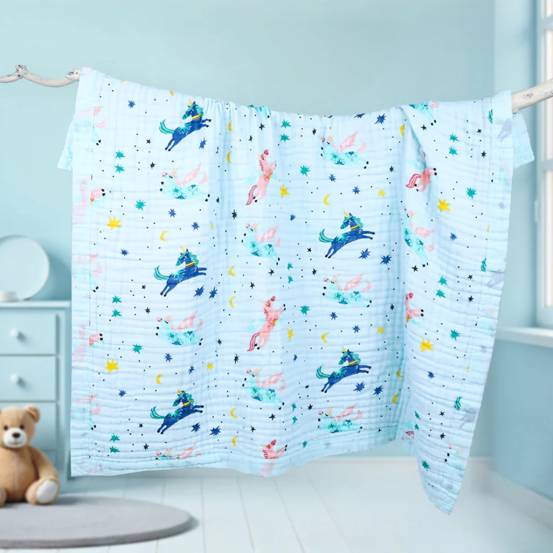 Smile Baby Soft Colorful Unicorn and Stars Print Muslin 6 Layer Blanket for Baby | 100% Muslin Cotton | Size 100x100cms