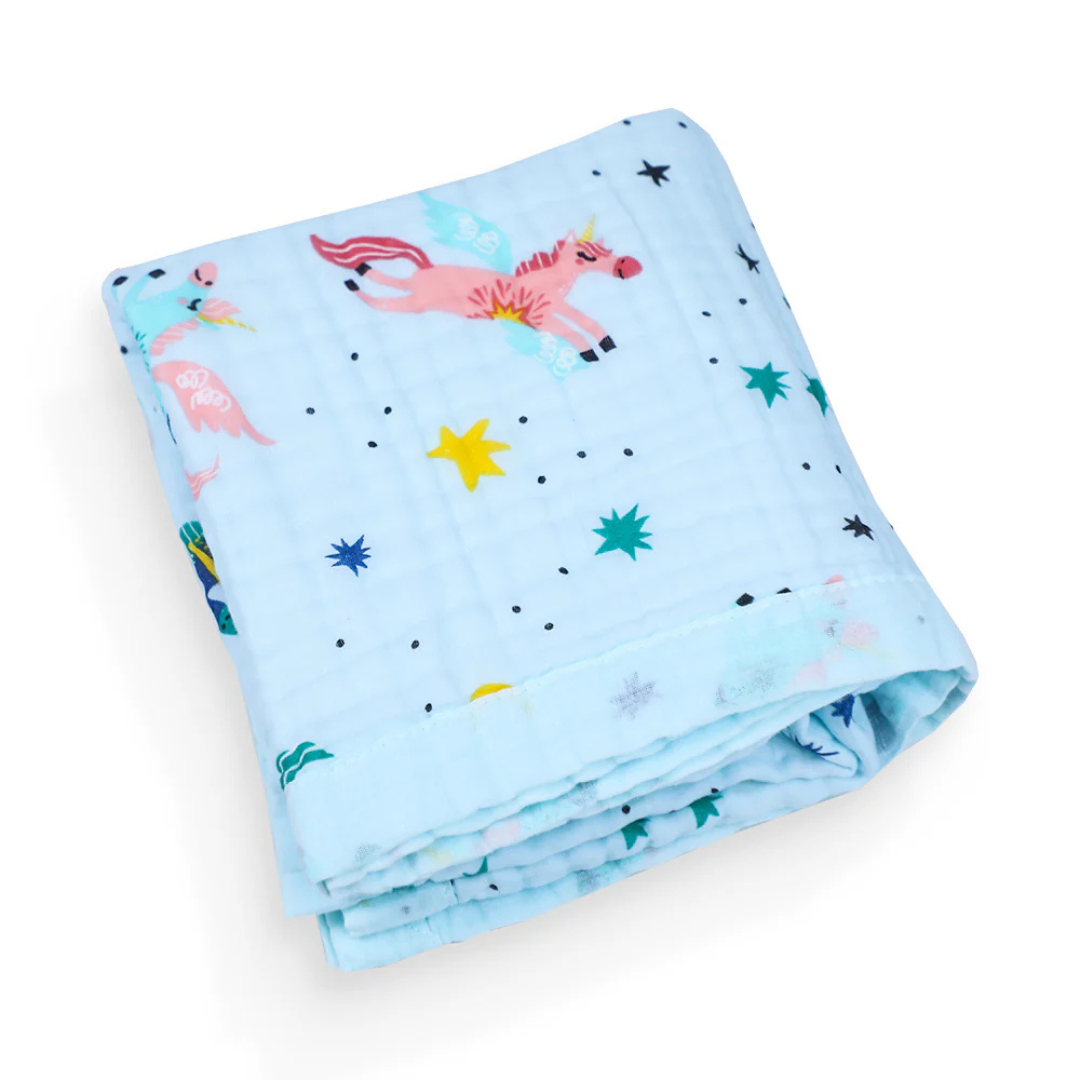 Smile Baby Soft Colorful Unicorn and Stars Print Muslin 6 Layer Blanket for Baby | 100% Muslin Cotton | Size 100x100cms