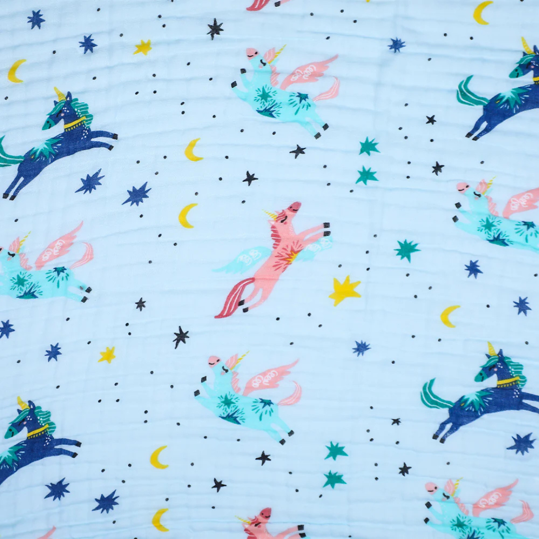 Smile Baby Soft Colorful Unicorn and Stars Print Muslin 6 Layer Blanket for Baby | 100% Muslin Cotton | Size 100x100cms