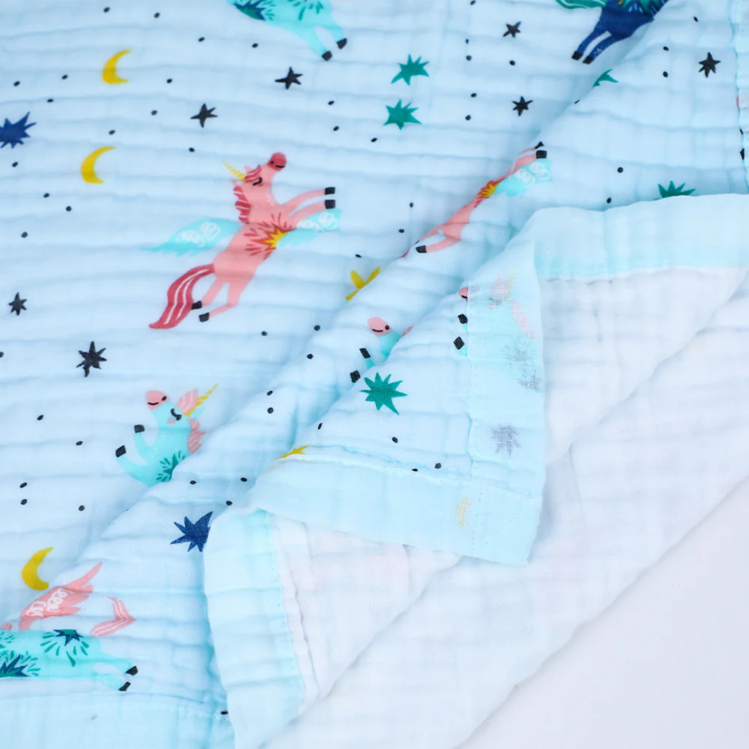 Smile Baby Soft Colorful Unicorn and Stars Print Muslin 6 Layer Blanket for Baby | 100% Muslin Cotton | Size 100x100cms