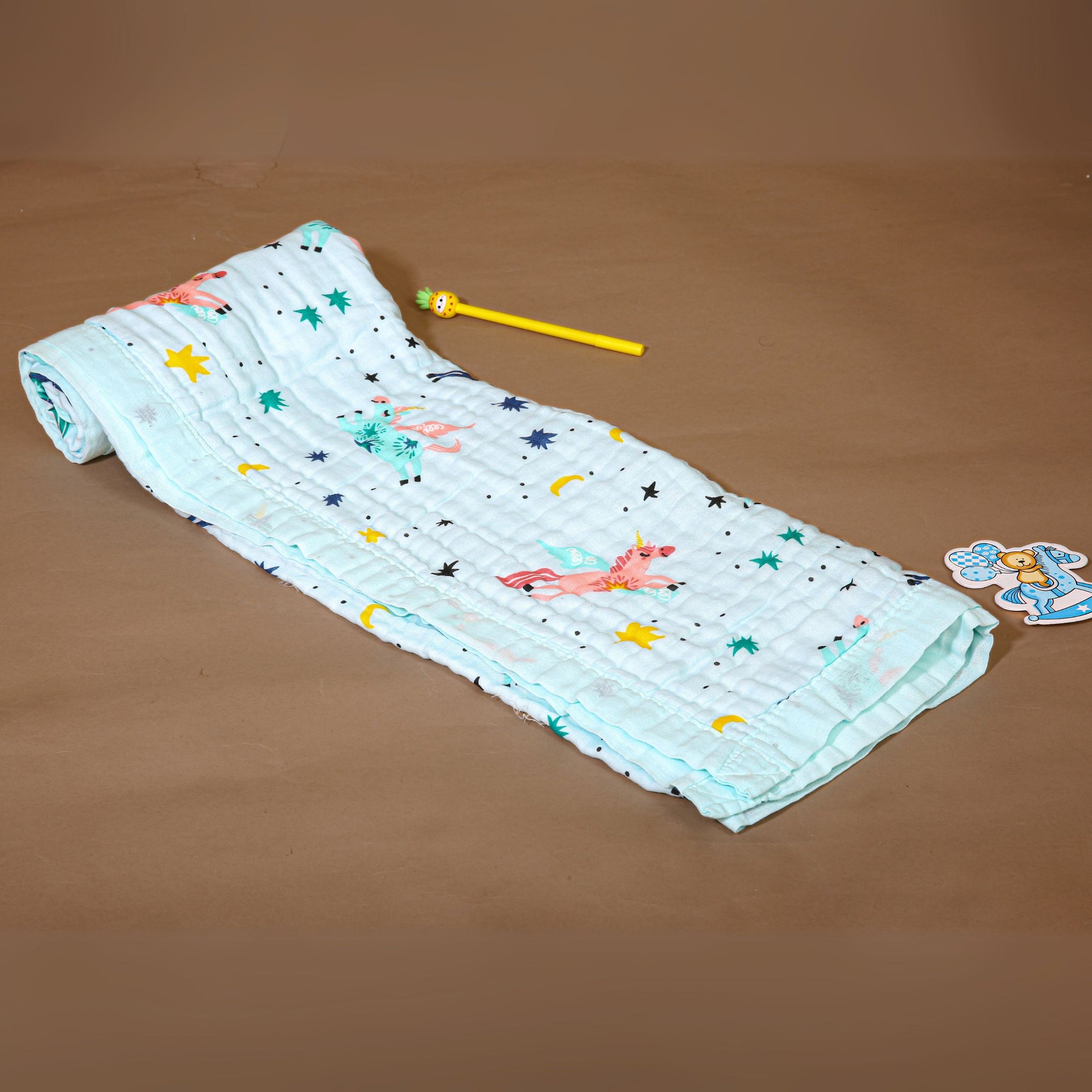 Smile Baby Soft Colorful Unicorn and Stars Print Muslin 6 Layer Blanket for Baby | 100% Muslin Cotton | Size 100x100cms