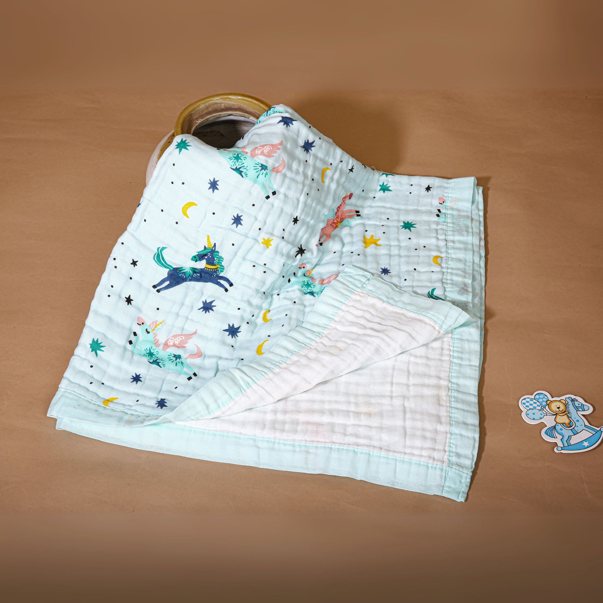Smile Baby Soft Colorful Unicorn and Stars Print Muslin 6 Layer Blanket for Baby | 100% Muslin Cotton | Size 100x100cms