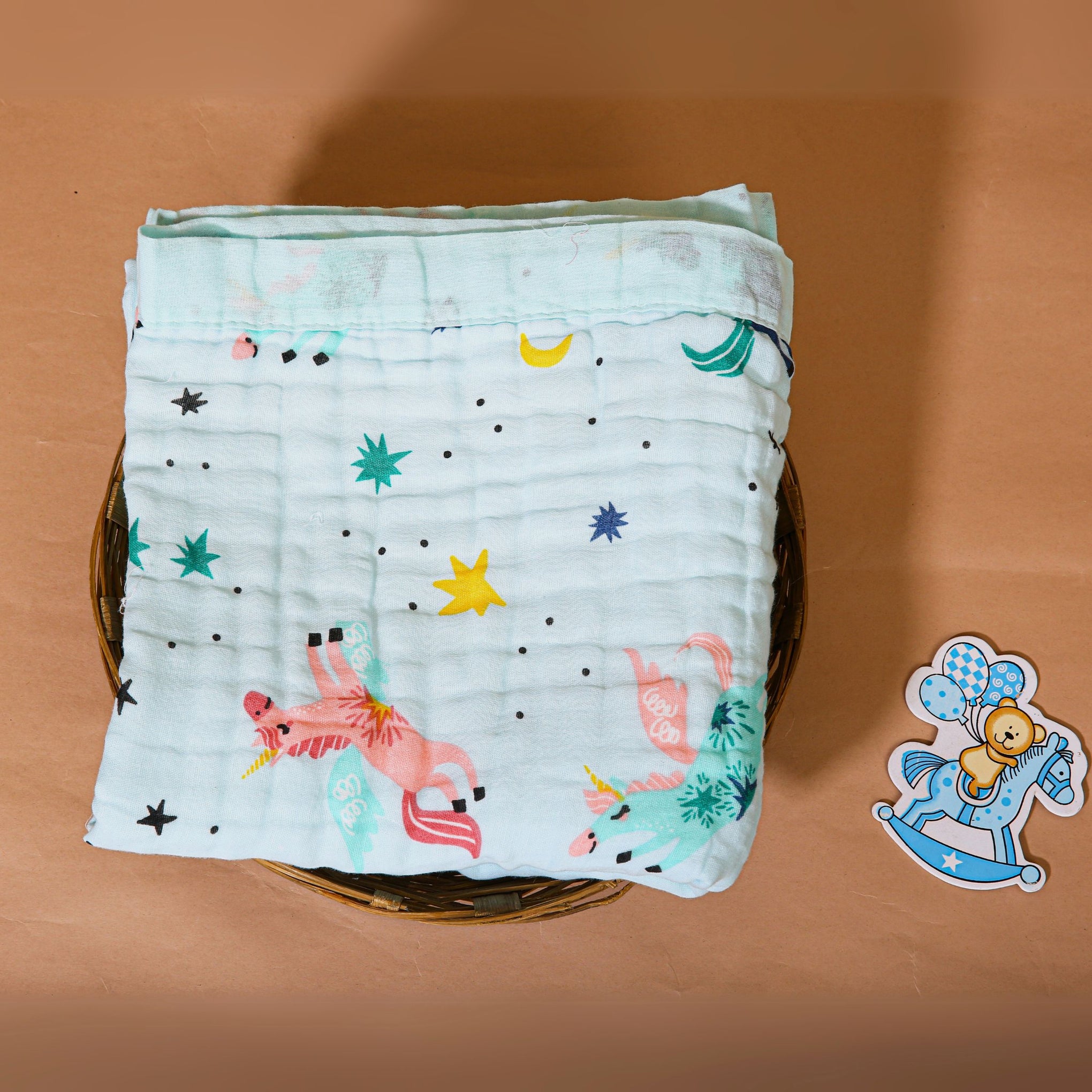 Smile Baby Soft Colorful Unicorn and Stars Print Muslin 6 Layer Blanket for Baby | 100% Muslin Cotton | Size 100x100cms