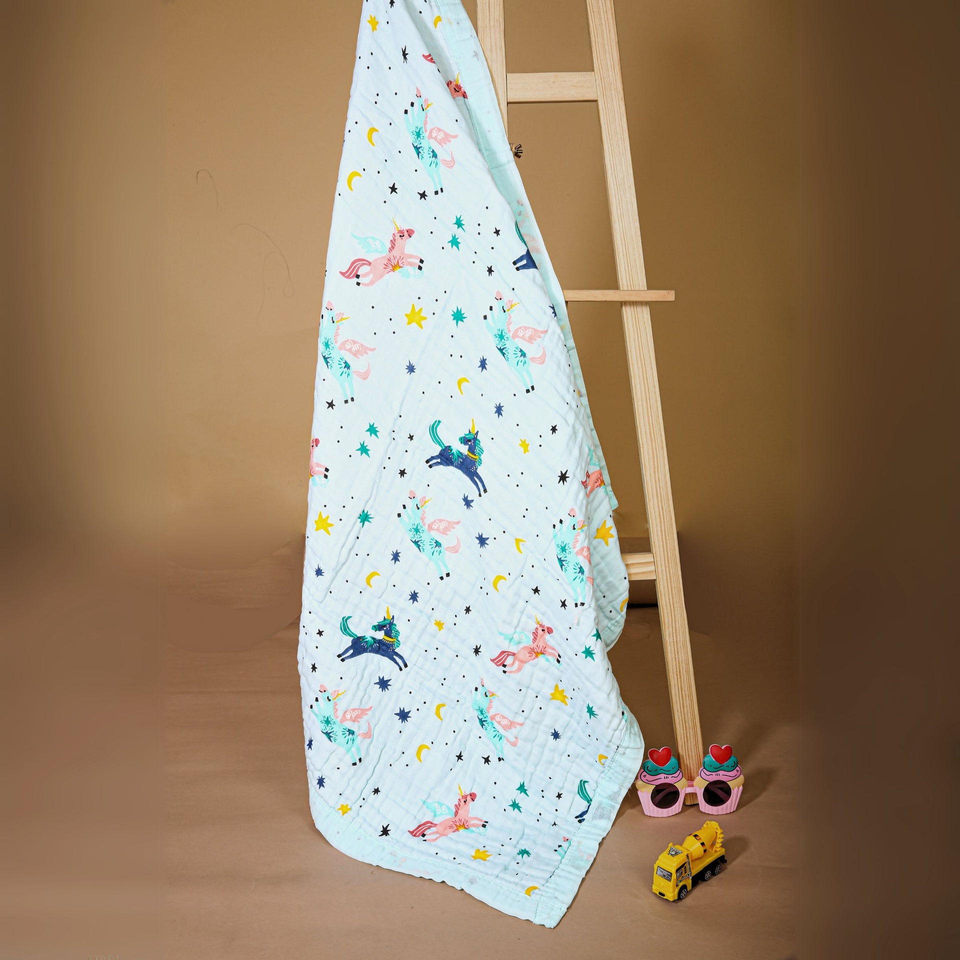Smile Baby Soft Colorful Unicorn and Stars Print Muslin 6 Layer Blanket for Baby | 100% Muslin Cotton | Size 100x100cms